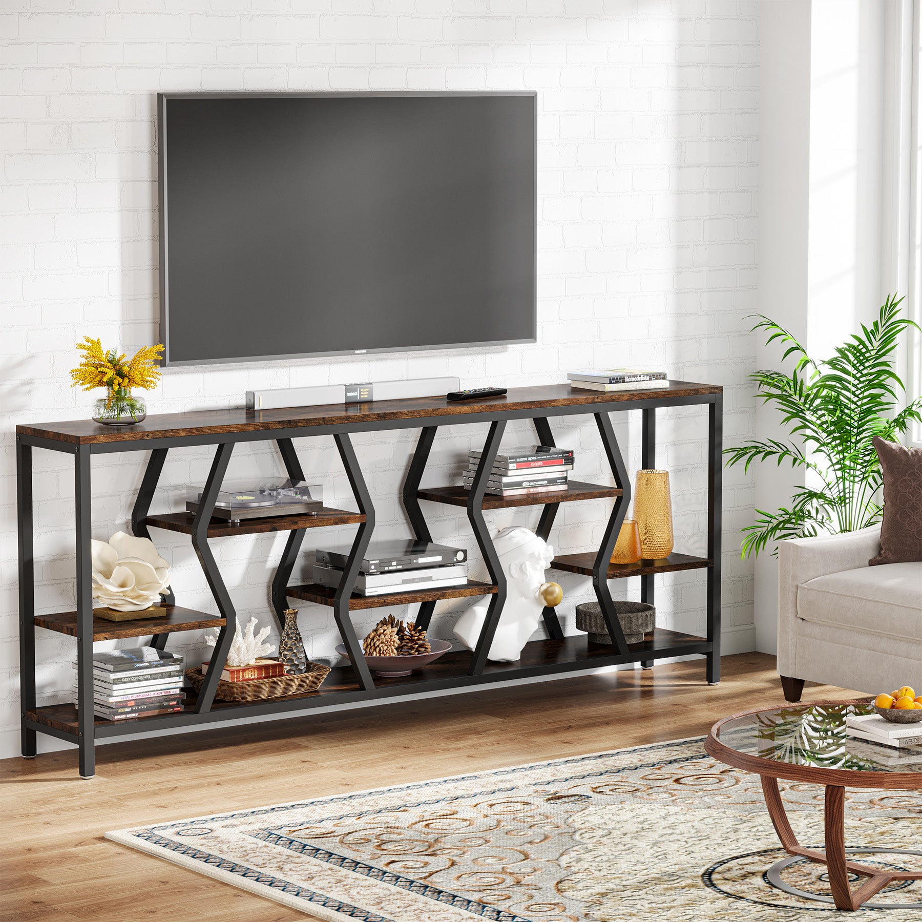 70.9-Inch Extra Long Sofa Console Table with 4-Tier Wood Storage Shelves, Industrial Narrow Entryway Table for Hallway