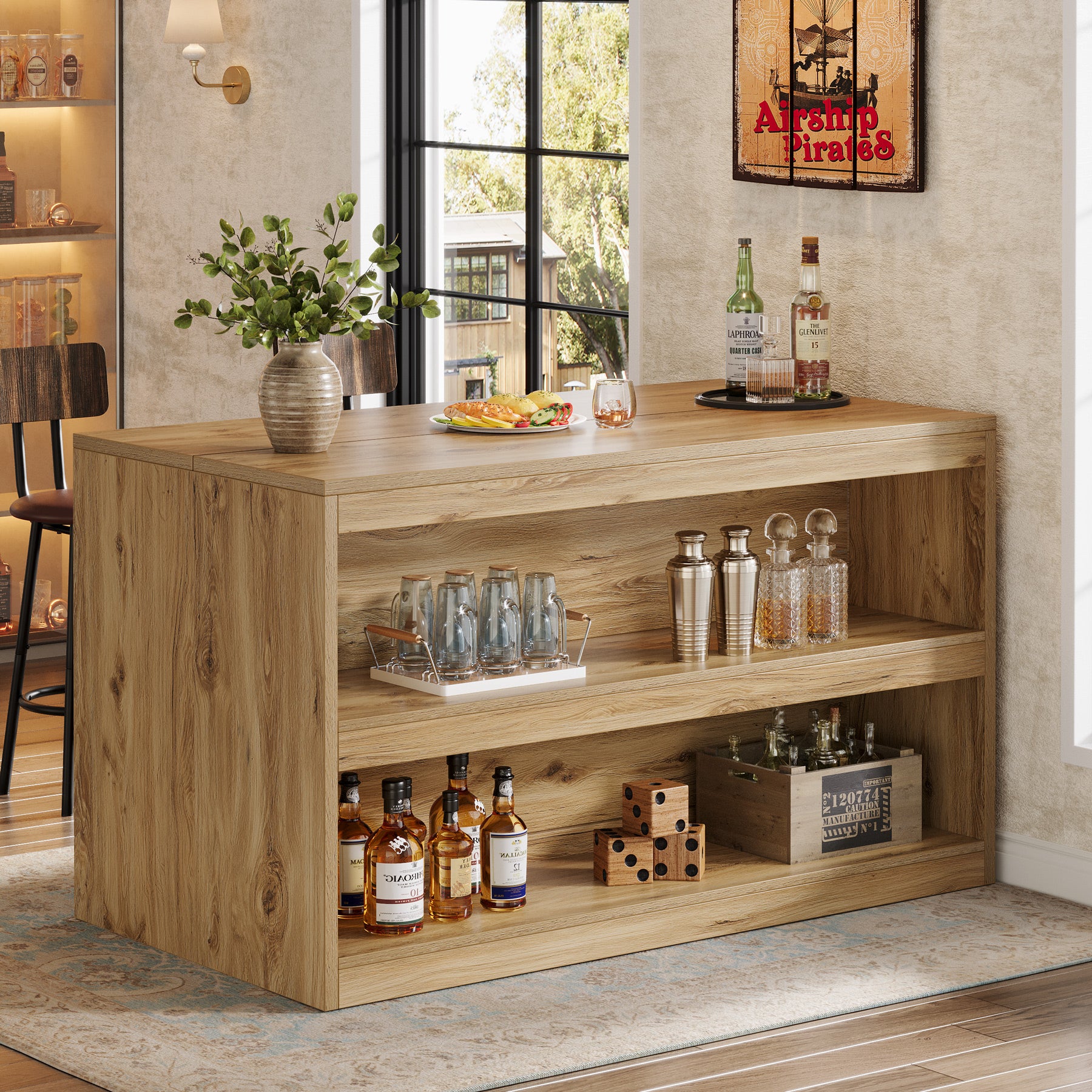 59 Inch Home Bar Table with 2-Tier Shelves, Farmhouse Pub Table for Kitchen and Bistro