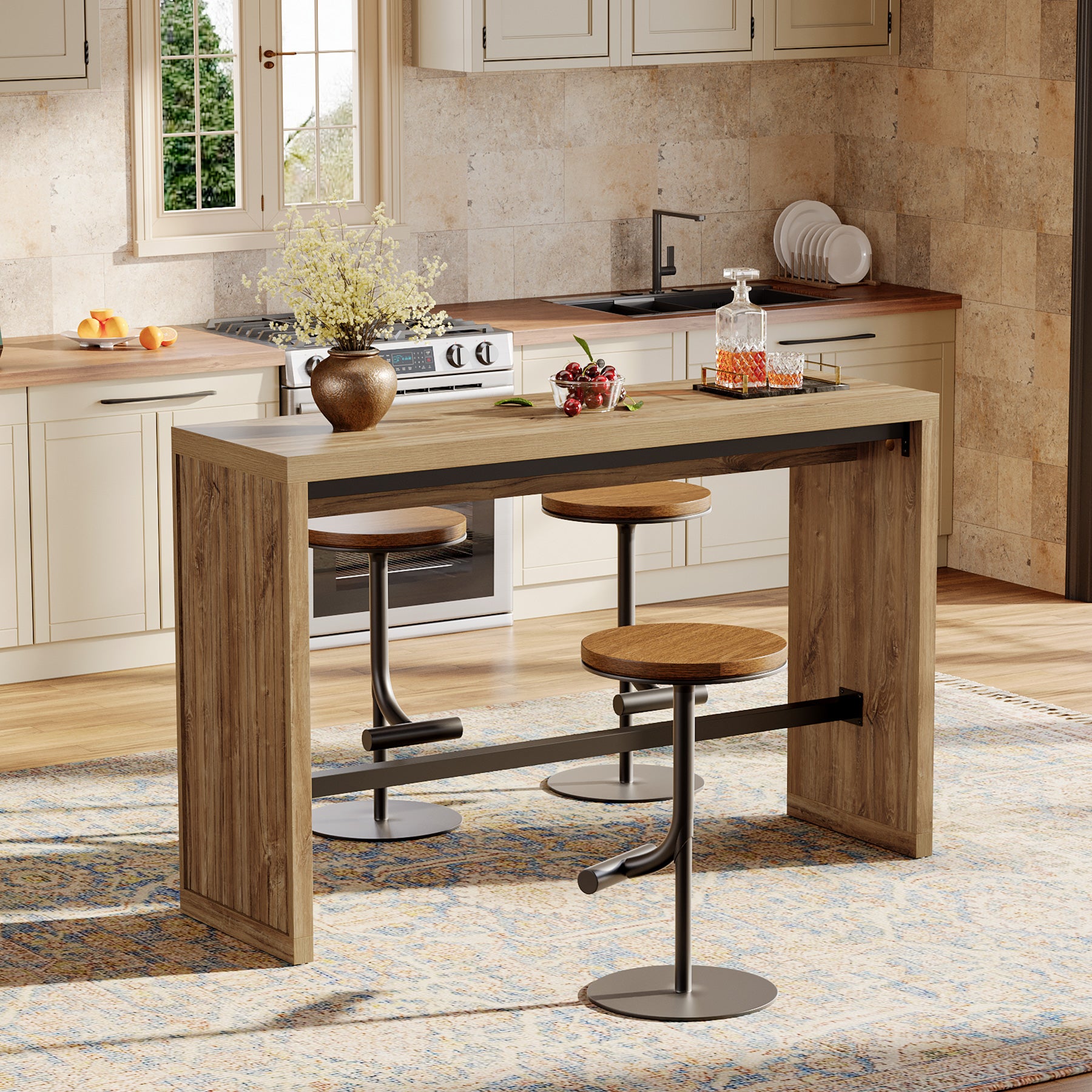 Tribesigns 55-Inch Counter Height Bar Table with Metal Footrest and Fluted Design, Rectangular High Top Pub Table for Home Bar Kitchen and Bistro