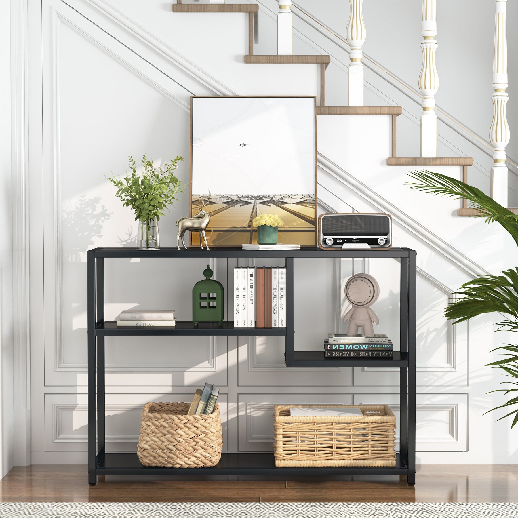 Console Table, Small Black Entryway Table with Storage Shelves Tribesigns