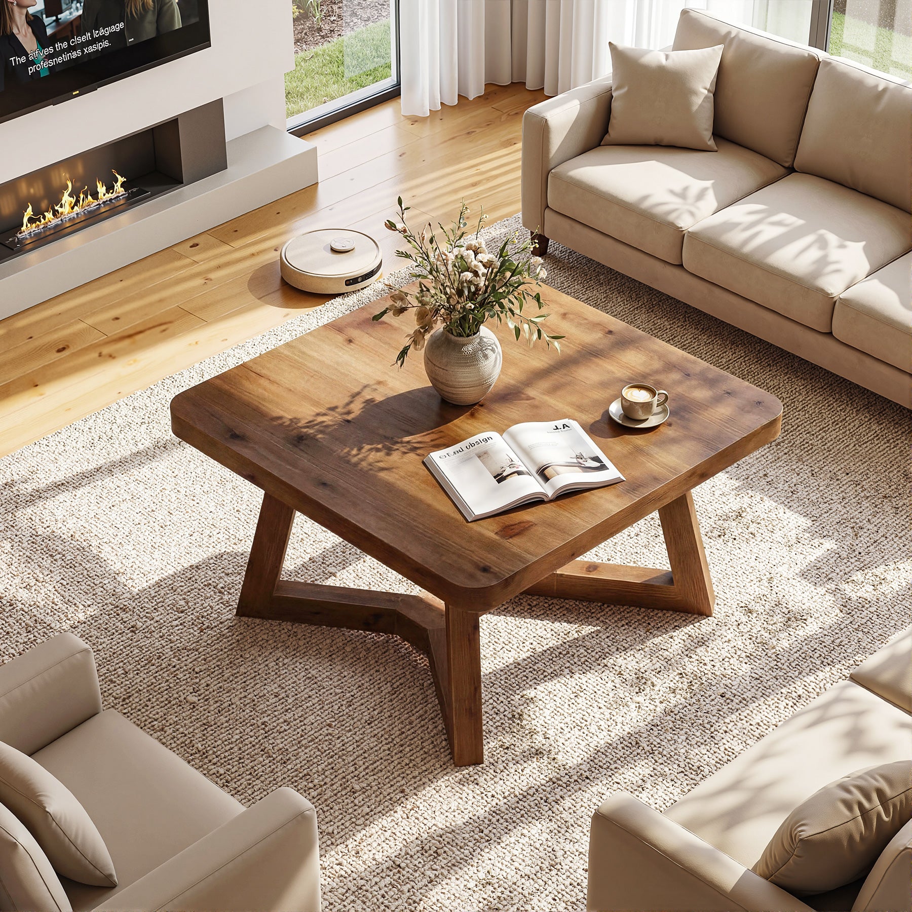 31.5 Inch Solid Wood Square Coffee Table, Farmhouse Center Table with Pedestal for Living Room
