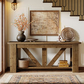 70.9-Inch Solid Wood Console Table with Triangular Base, 2-Tier Sofa Table for Hallway 3