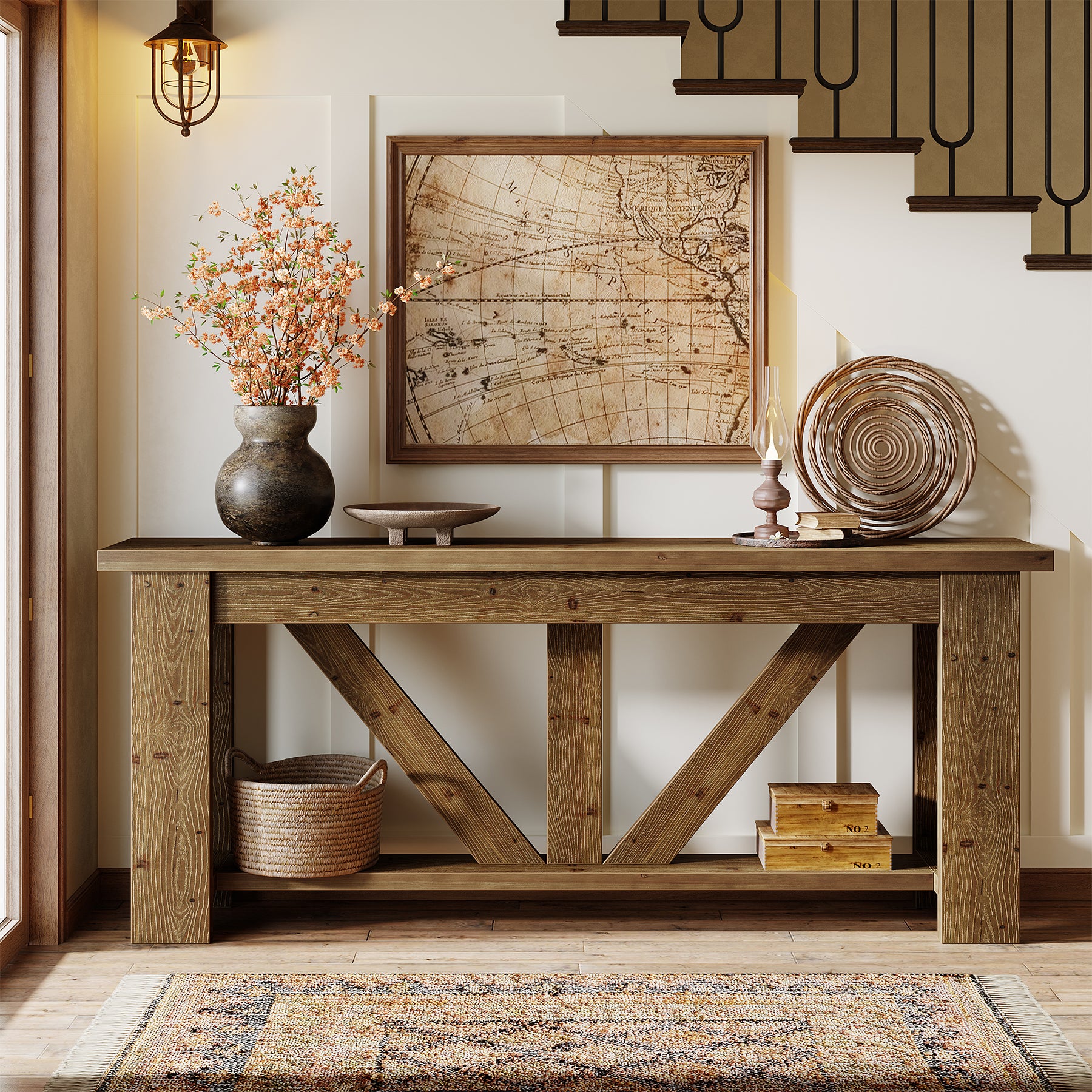 70.9-Inch Solid Wood Console Table with Triangular Base, 2-Tier Sofa Table for Hallway