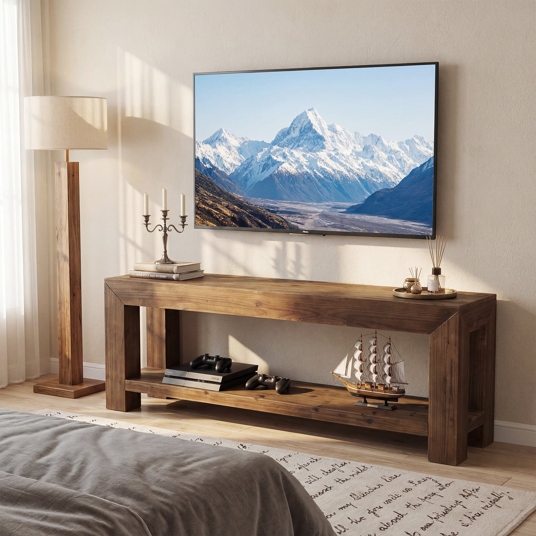 Tribesigns 63-Inch Solid Wood TV Stand for TVs up to 75 Inches with 2-Tier Open Storage Shelves