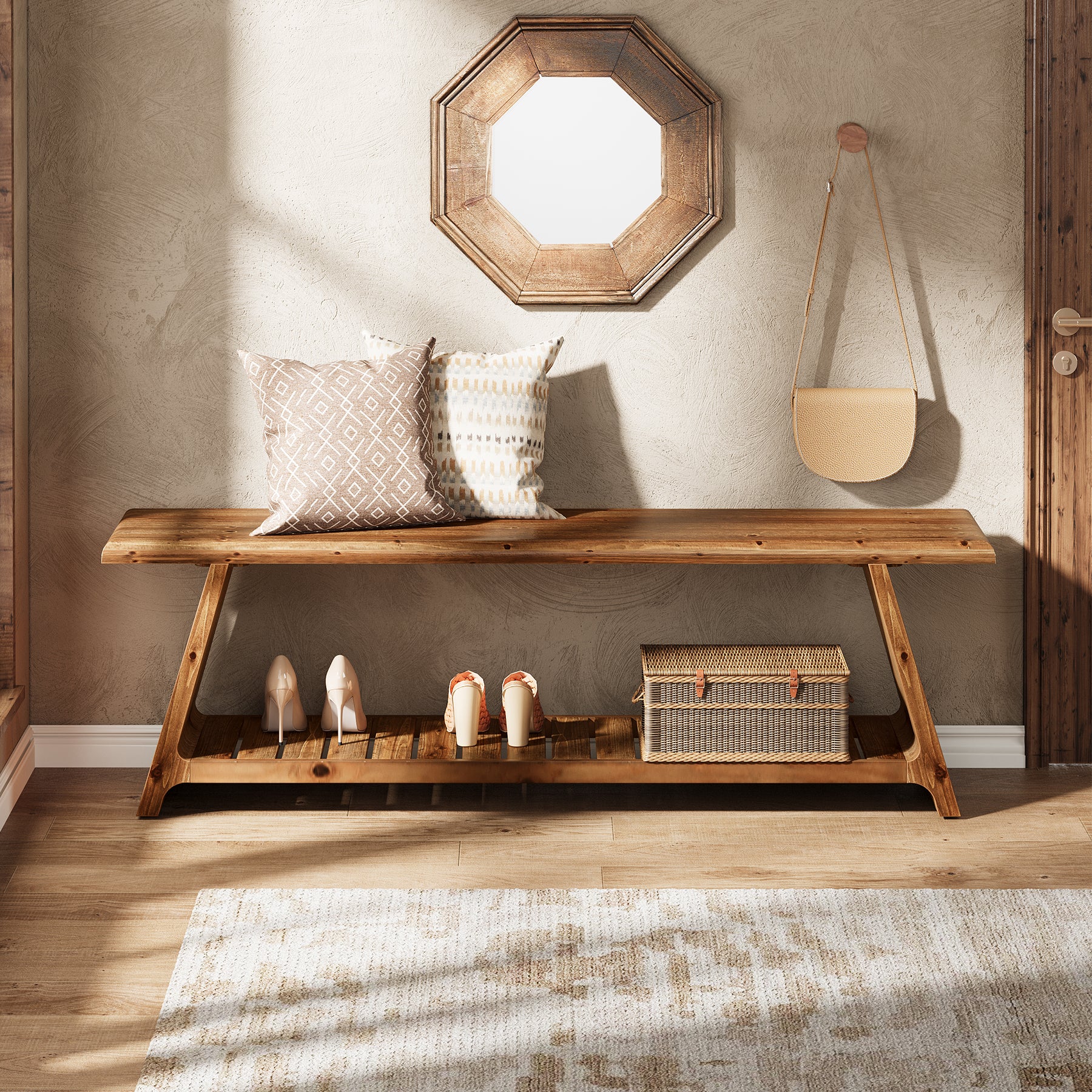 Tribesigns 63-Inch Solid Wood Entryway Bench with Lower Shoe Storage Shelf, Farmhouse End of Bed Bench for Hallway