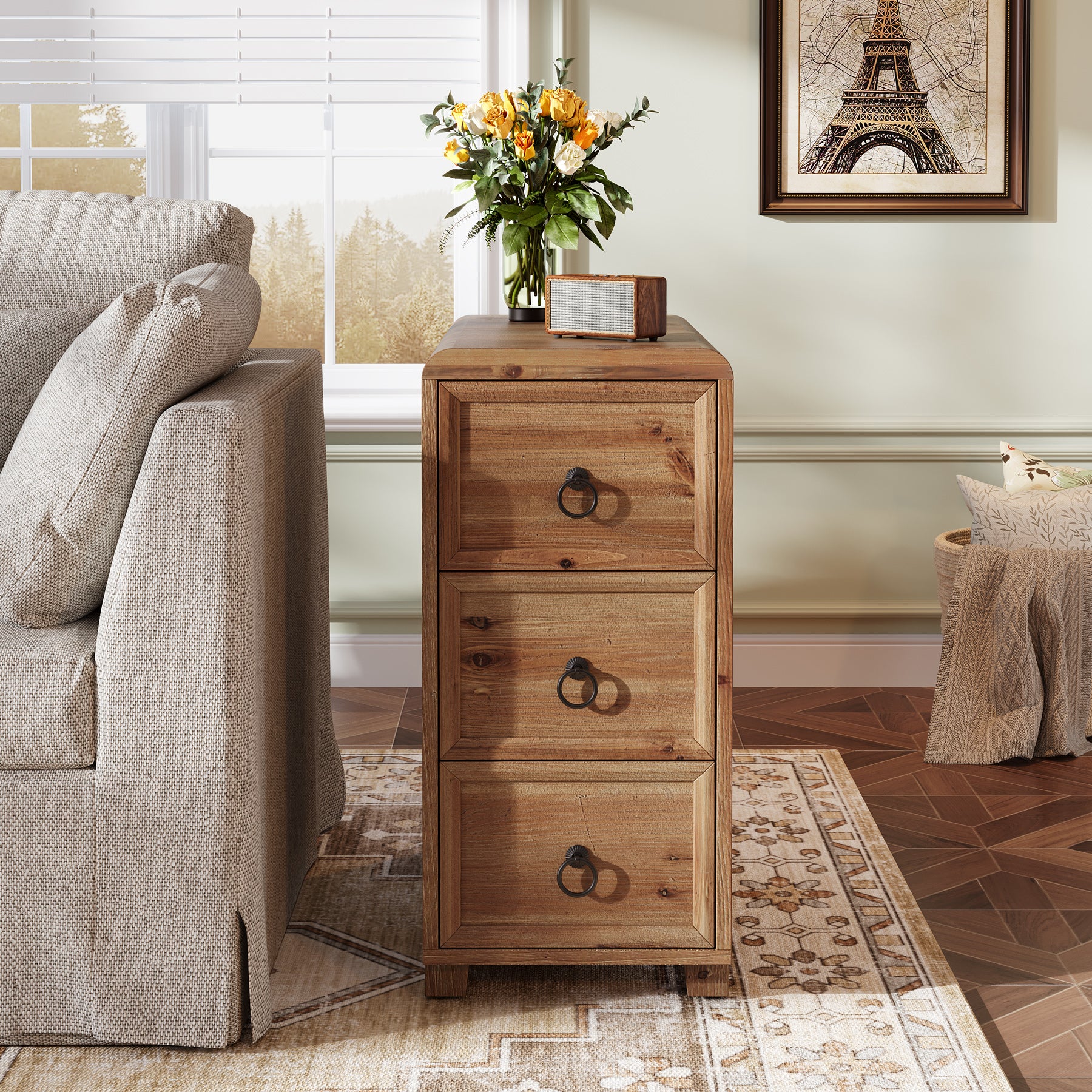 Tribesigns 11.81 Inch Narrow Solid Wood Side Table with 3 Drawers, Slim Bedside Table for Bedroom