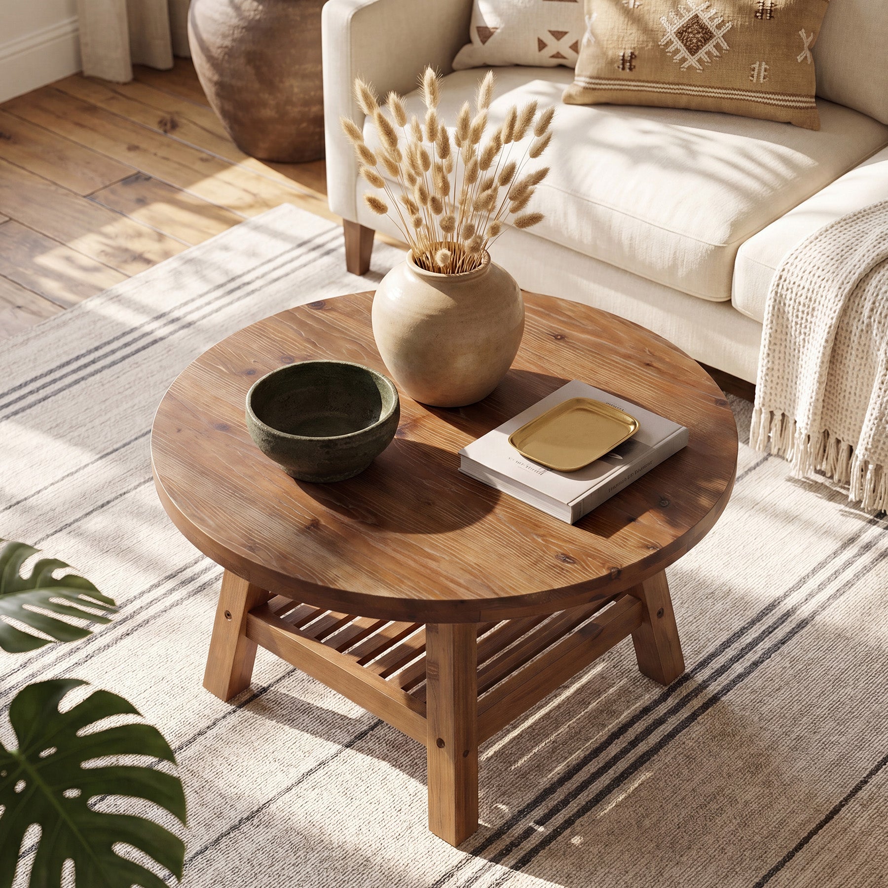31.5 Inch Solid Wood Round Coffee Table with 2-Tier Storage, Living Room Center Table