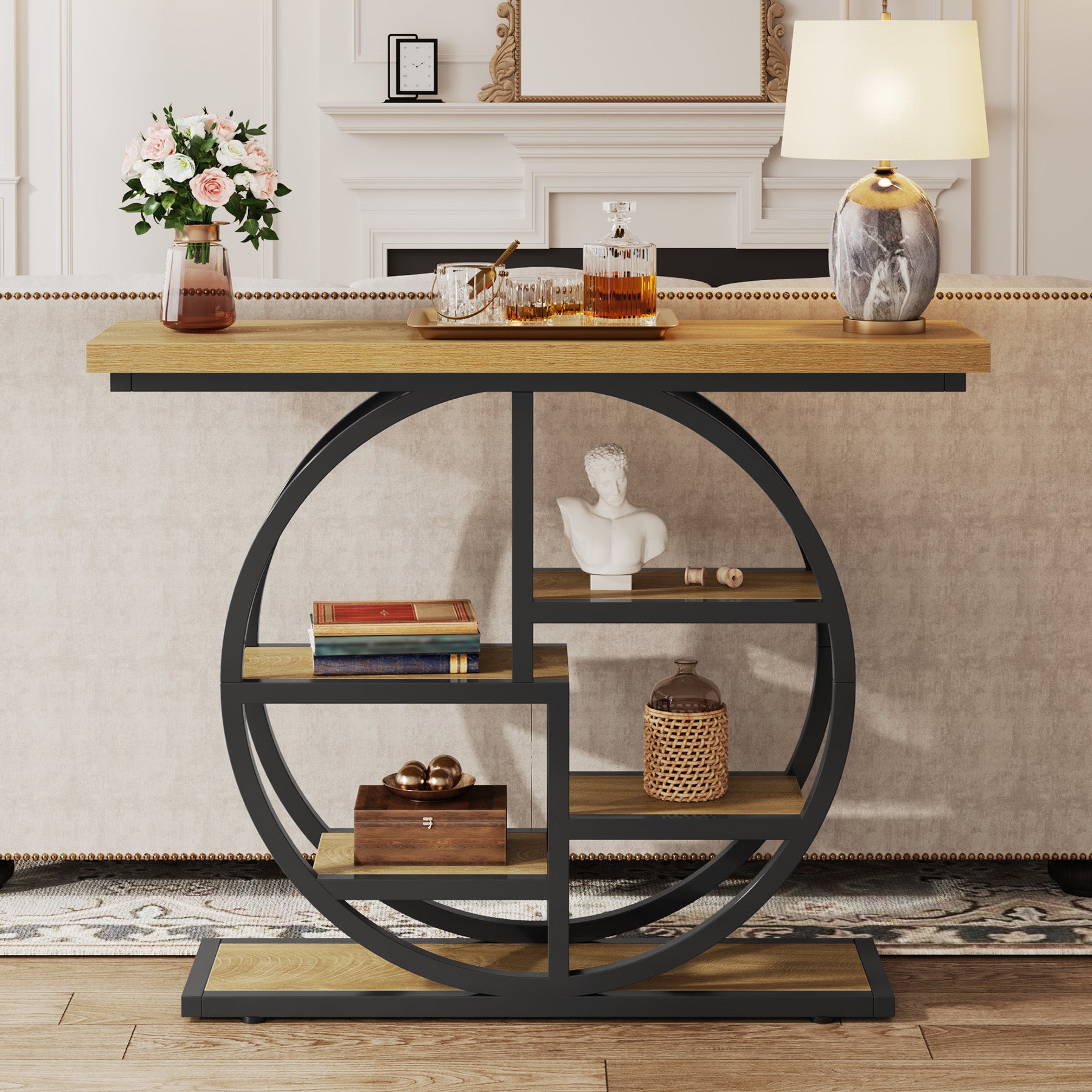 Tribesigns Industrial Console Table - 105cm Narrow 6-Tier Sofa Entryway Table with Circle Base, Storage Shelves