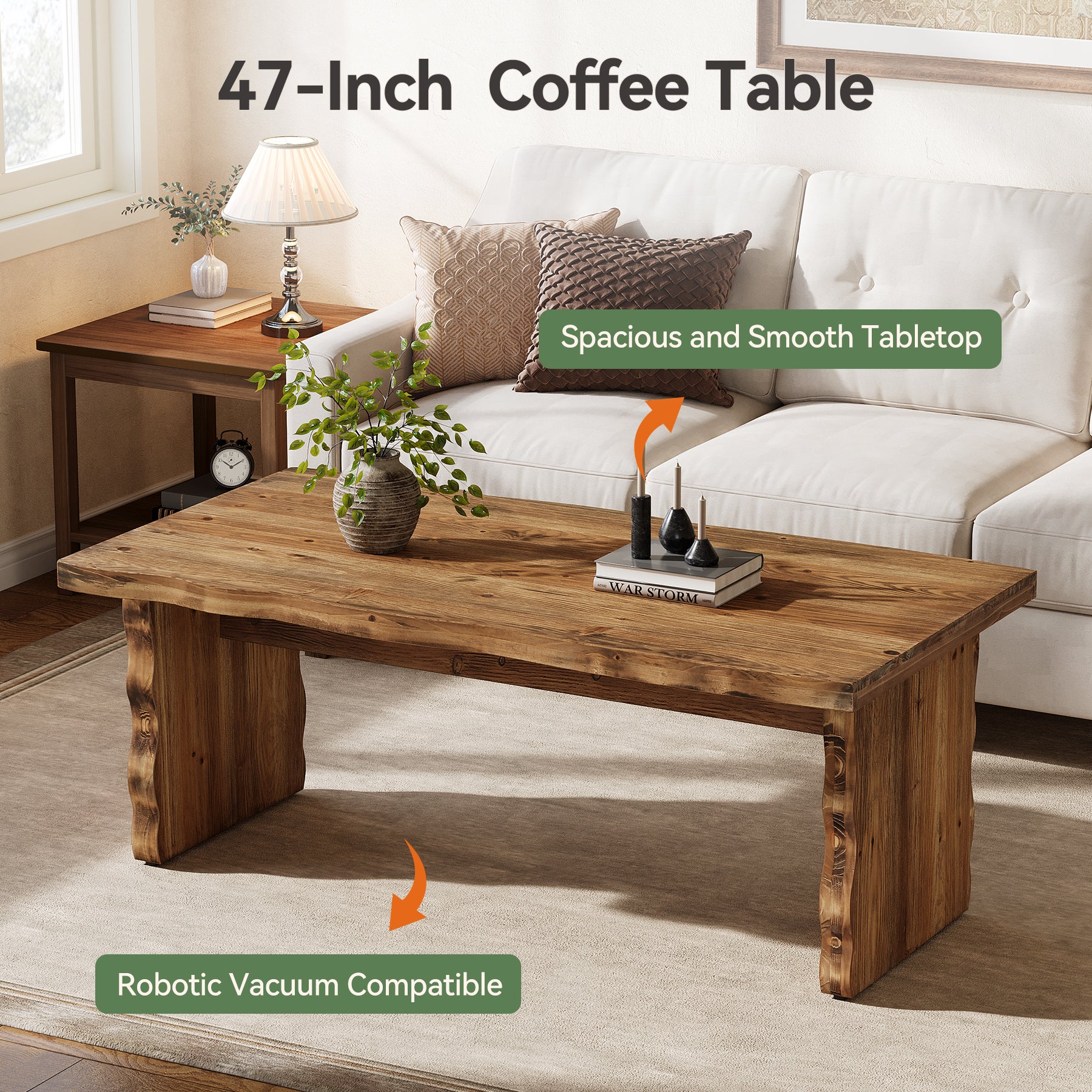 47 Inch Solid Wood Coffee Table, Farmhouse Rectangular Center Table with Natural Wave Edge
