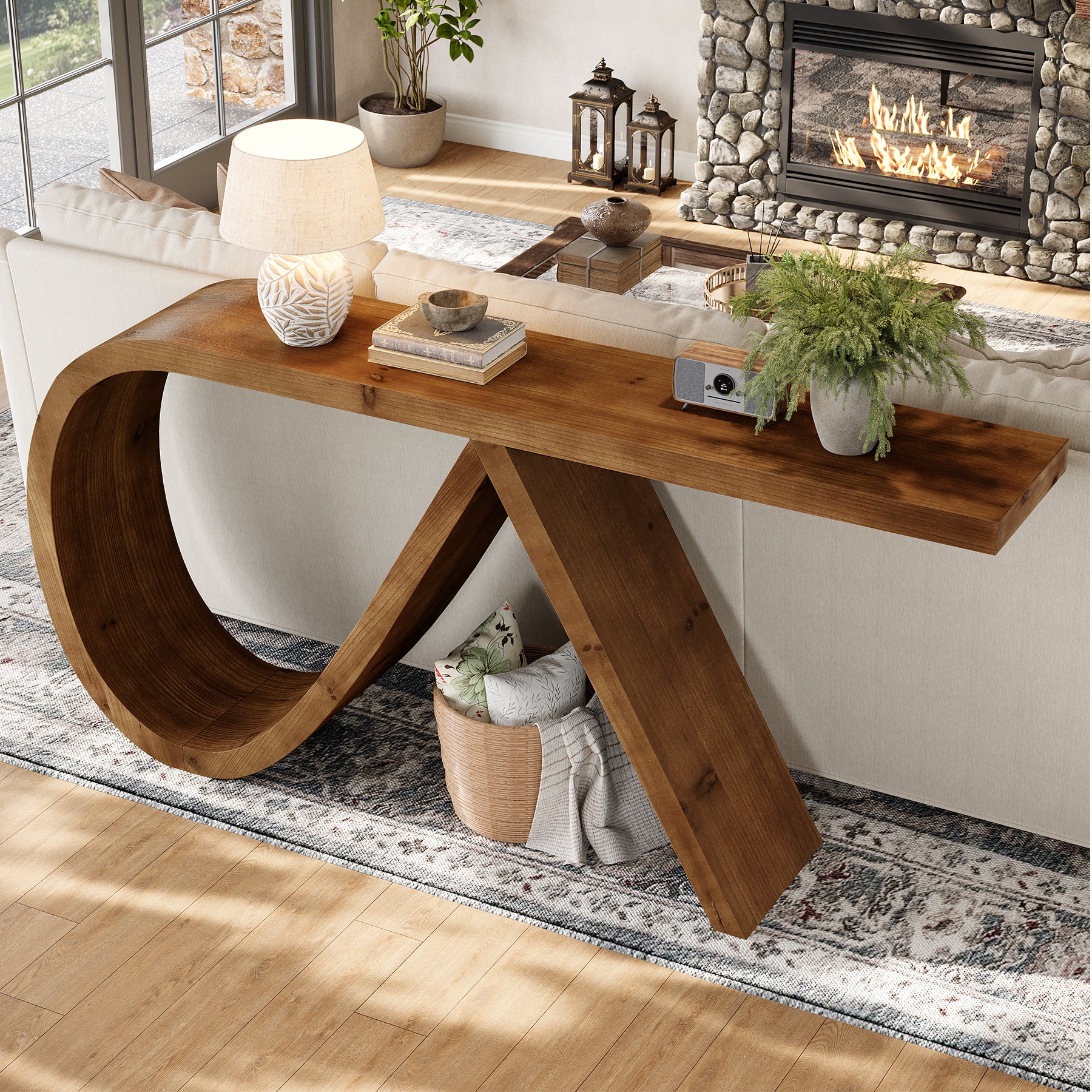 Tribesigns 57-Inch Curved Console Table, Solid Wood Sofa Table for Hallway