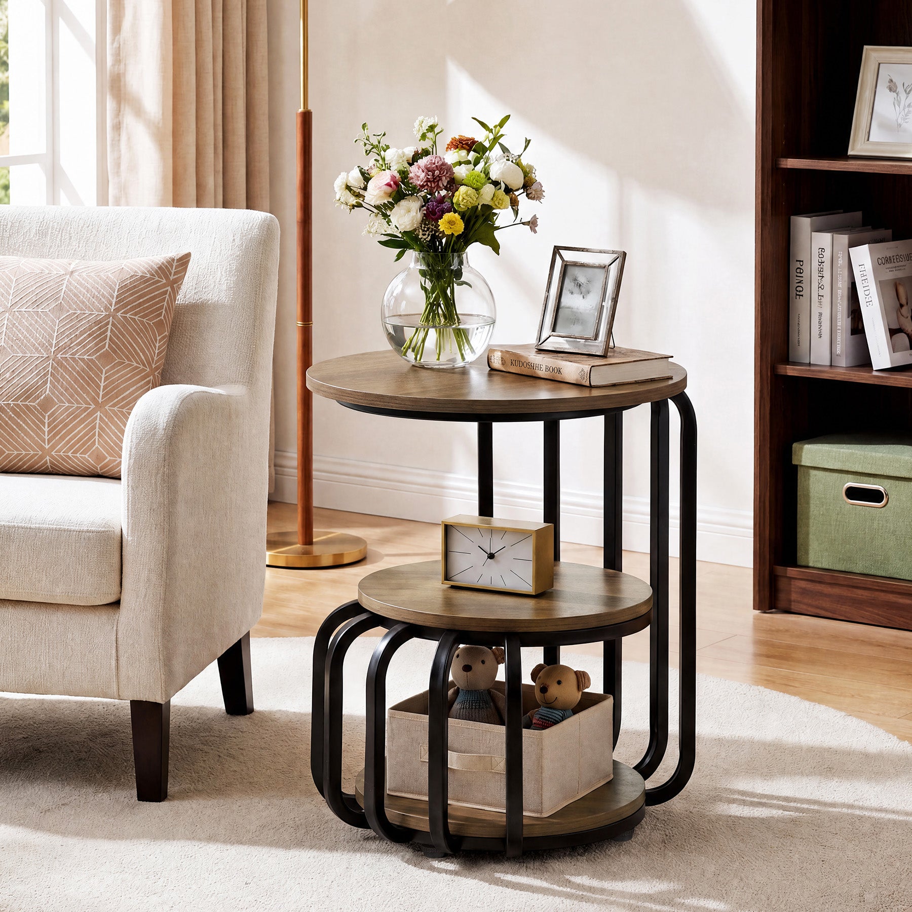 19.69 Inch Round End Table, 3 Tier Industrial Side Table with Storage for Living Room