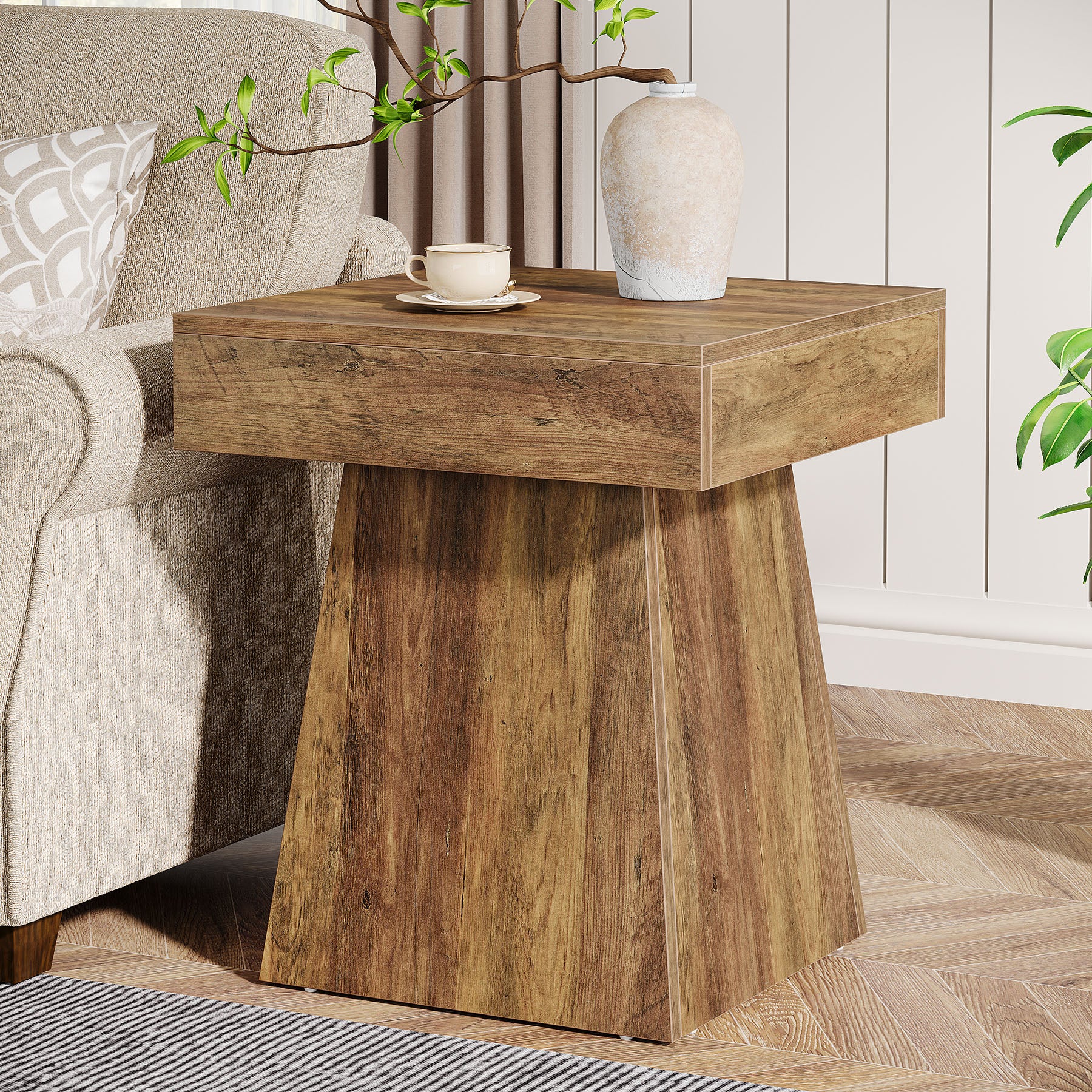 Tribesigns 15.8-Inch Square Side Table, Mushroom-Inspired Wide Stable Base with Rustic Finish