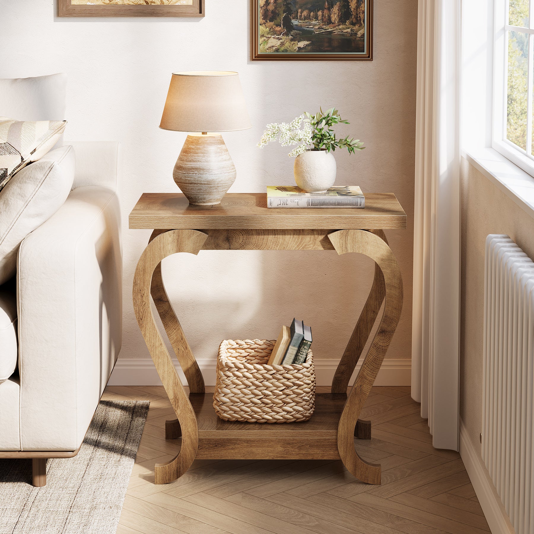 Brown Wooden End Table, 23.62 Inch 2-Tier Side Table for Small Spaces