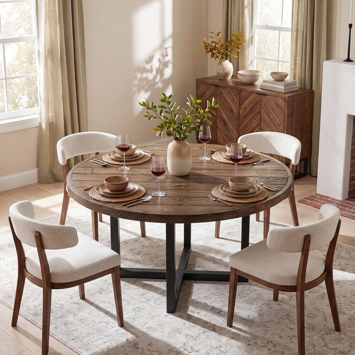 47.24 Inch Solid Wood Round Dining Table with Metal Cross Base, Farmhouse Kitchen Table for 4-6