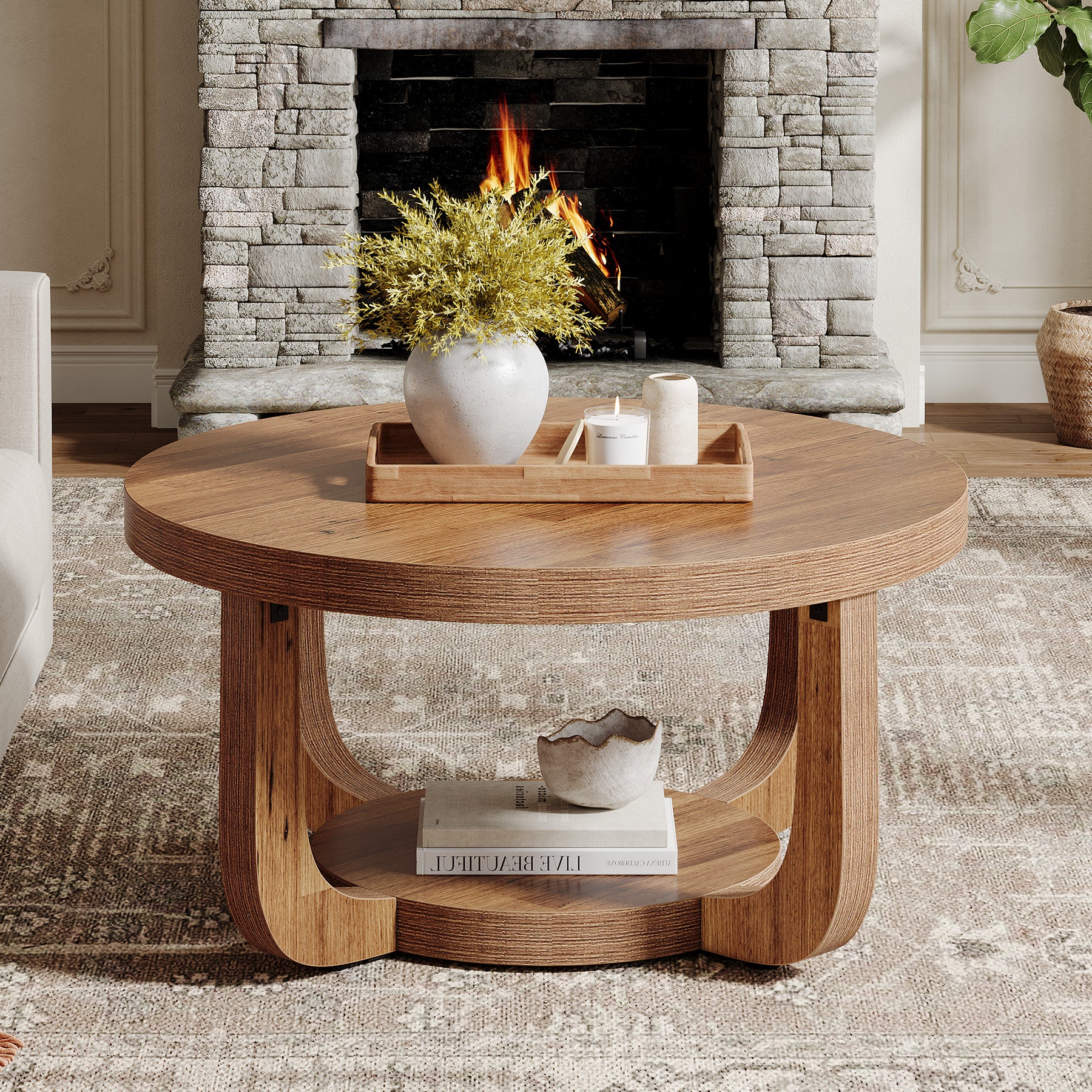 Tribesigns 31.5-Inch Round Coffee Table with Storage Shelf, 2-Tier Farmhouse Table for Living Room