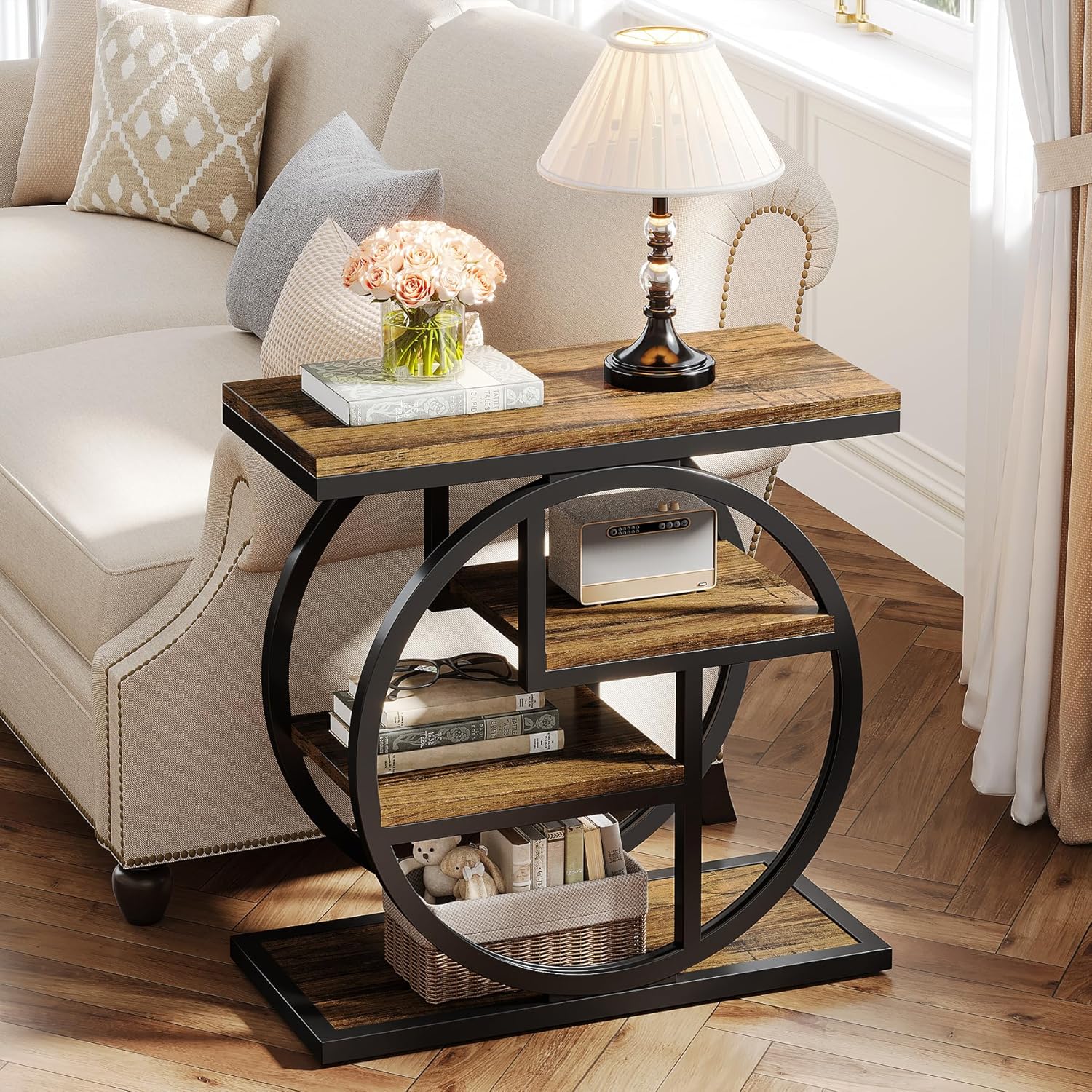 23.6" Industrial 4-Tier End Table - Narrow Wood & Metal Side Table with Storage Shelves, Rustic Brown