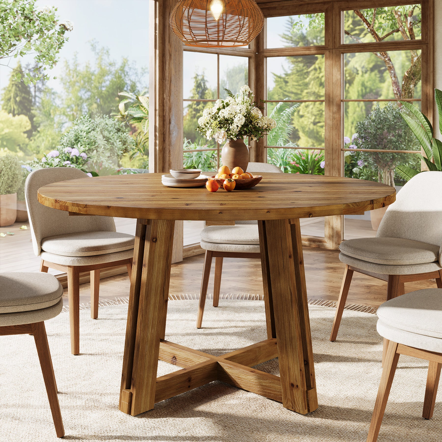 Tribesigns 47.3-Inch Solid Wood Round Dining Table for 4-6 People, Farmhouse Kitchen Table with Cross-Shaped Base for Dining Room