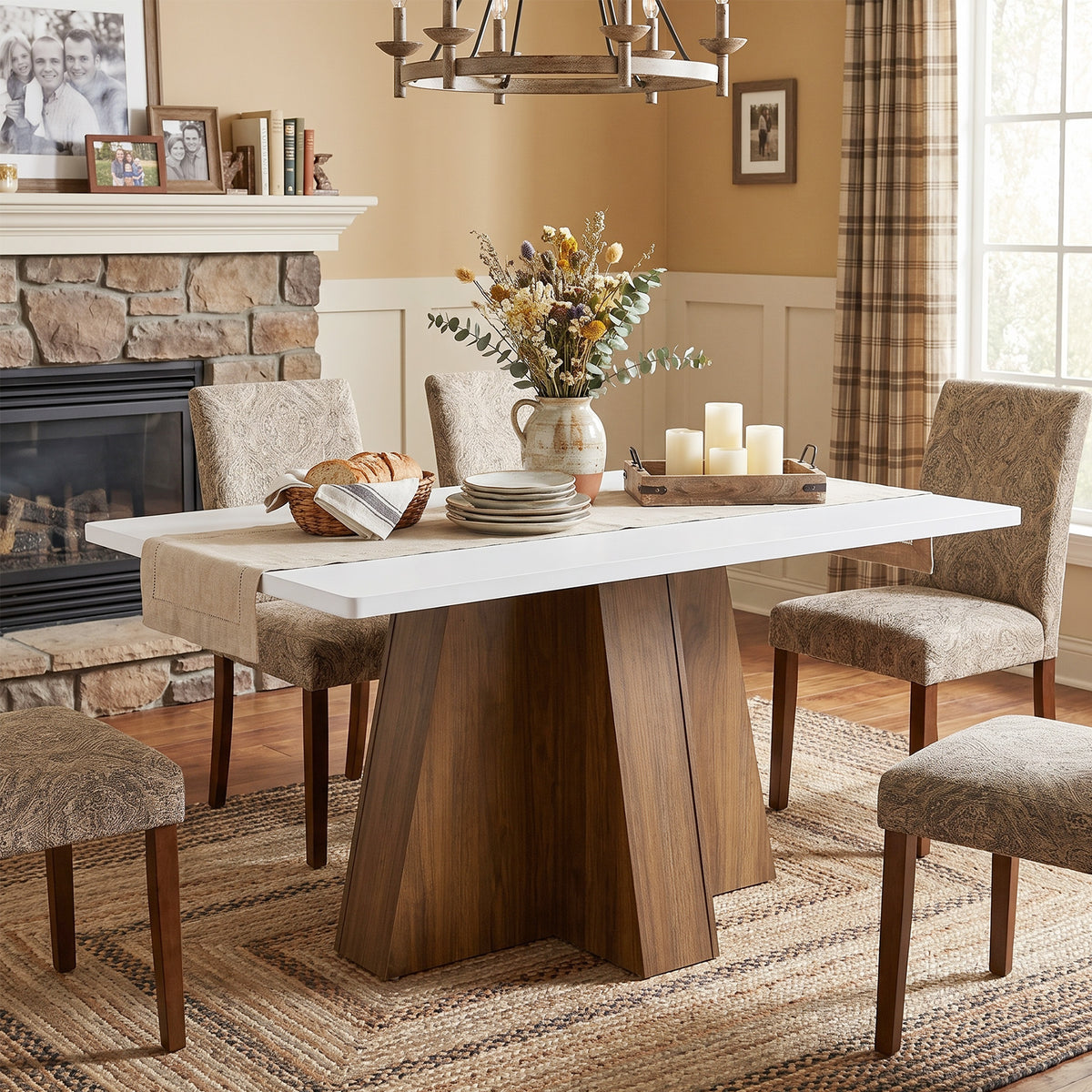 Tribesigns 47 Inch Rectangular Dining Table for 4-6, White Tabletop with Walnut Wood Base for Kitchen and Dining Room