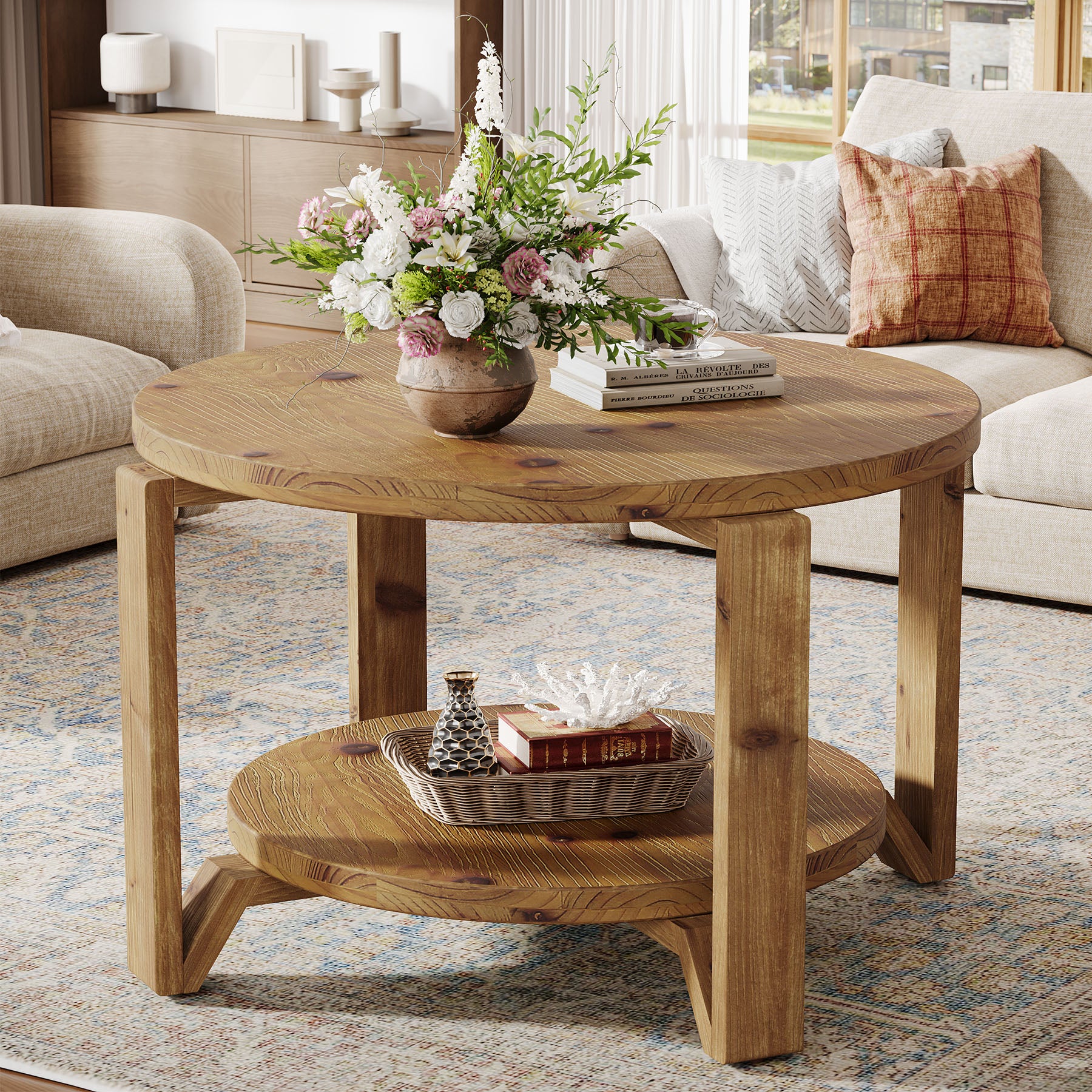 30" Solid Wood Round Coffee Table, Two-Tier Farmhouse Center Table with Natural Texture in Warm Brown