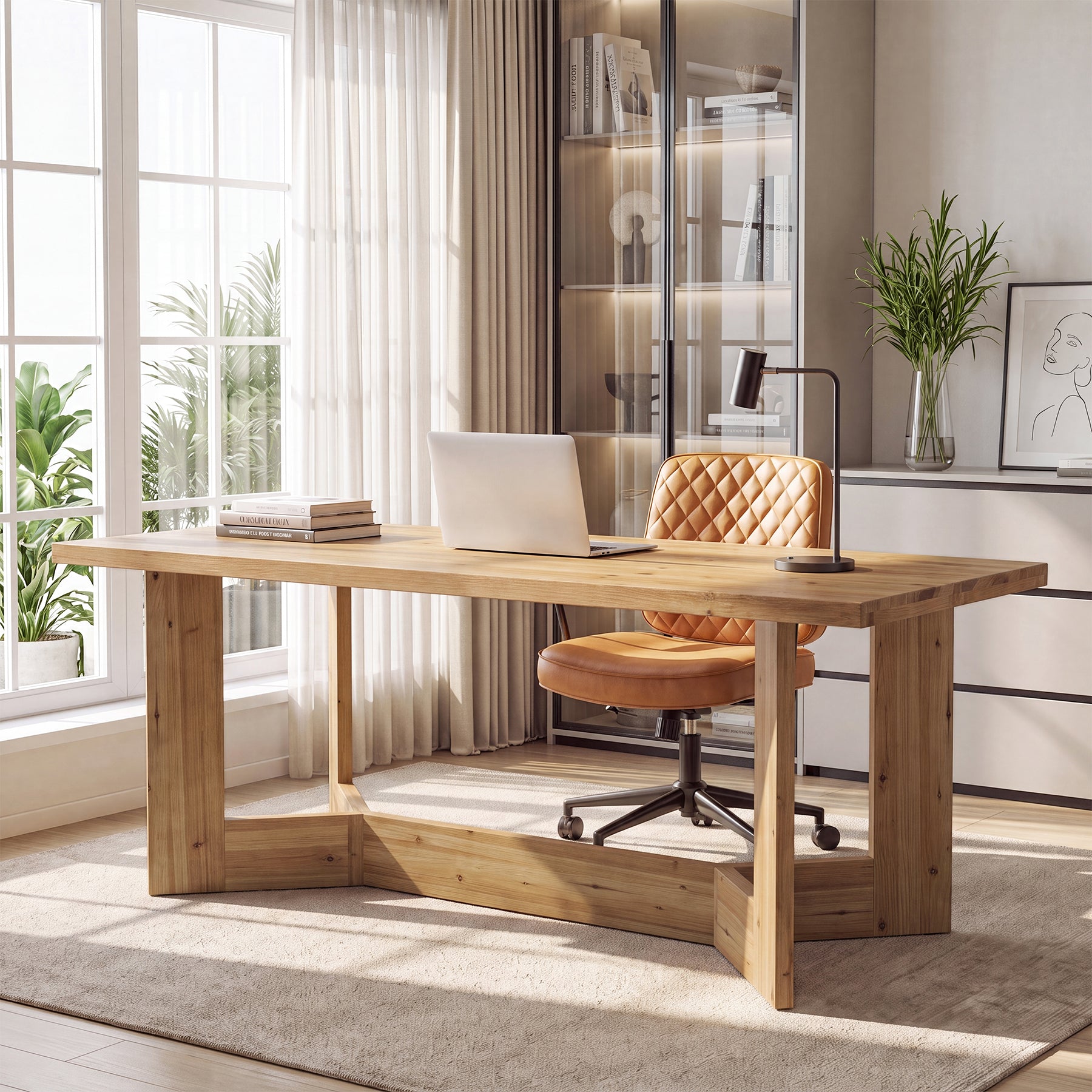 Tribesigns 63-Inch Solid Wood Computer Desk with Trestle Legs, Farmhouse Office Desk for Home Office
