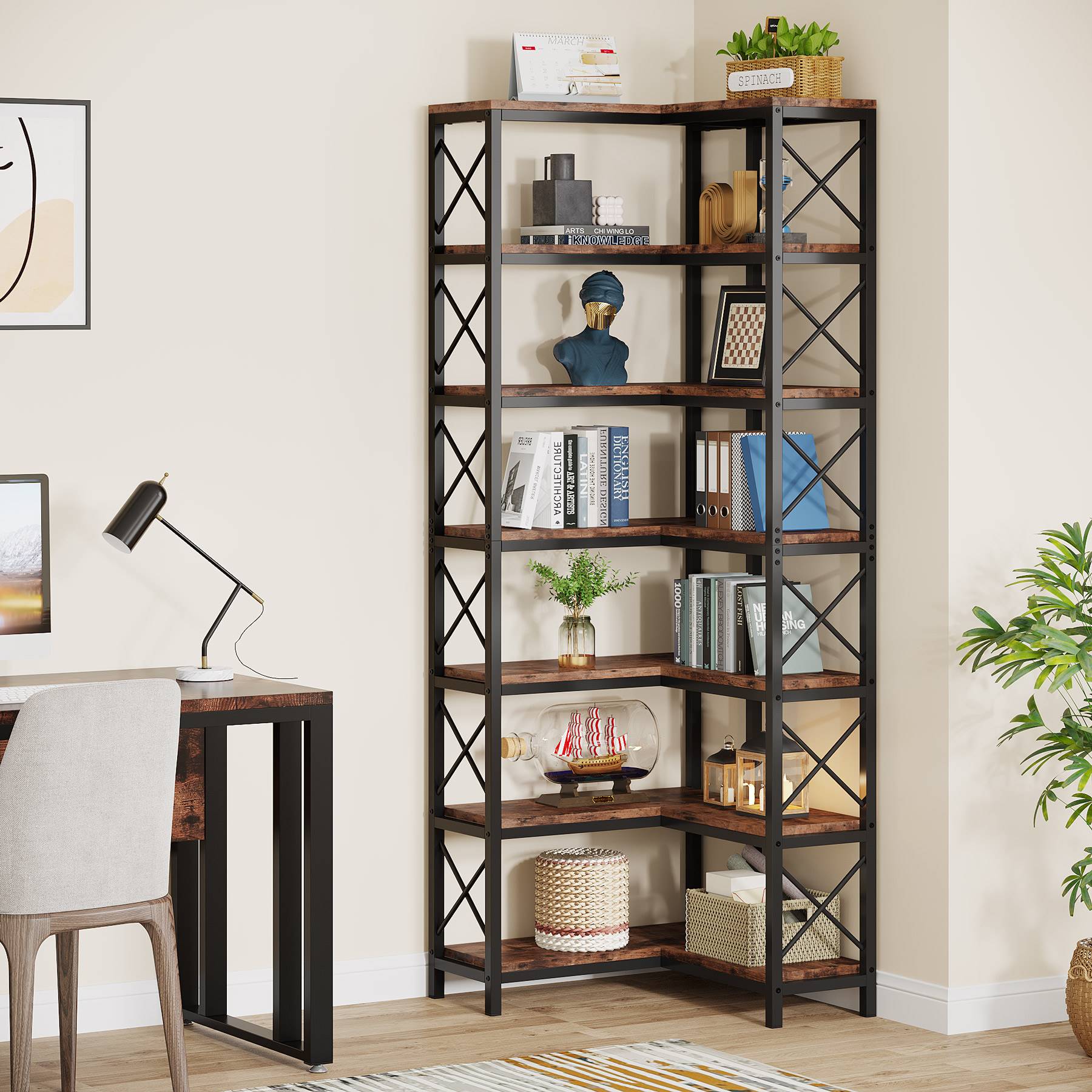 7-Tier Corner Bookshelf Corner Bookcase Display Storage Rack