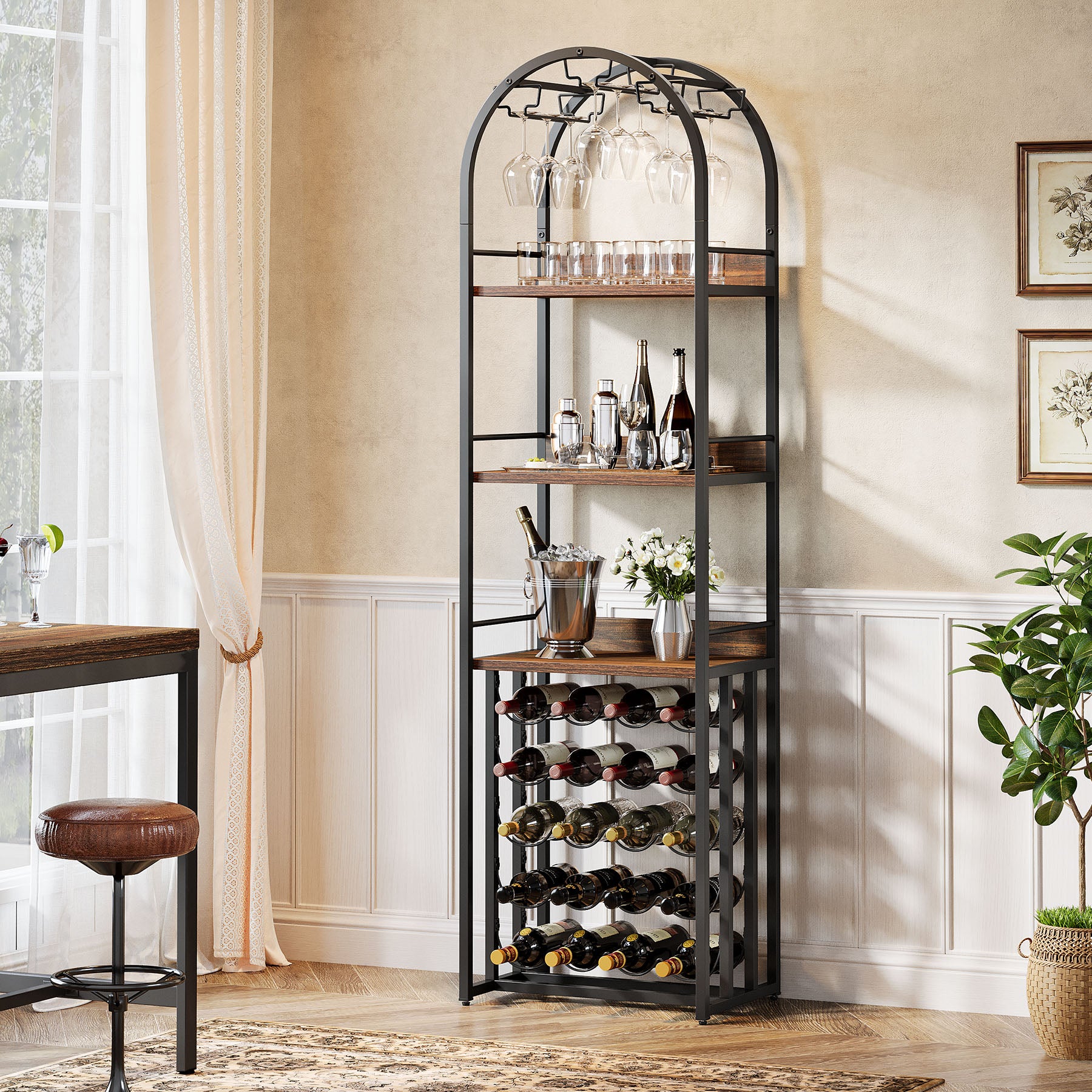 70.9" Tall Wine Rack with Glass Holder, Industrial Metal Wine Storage Stand with Tabletop
