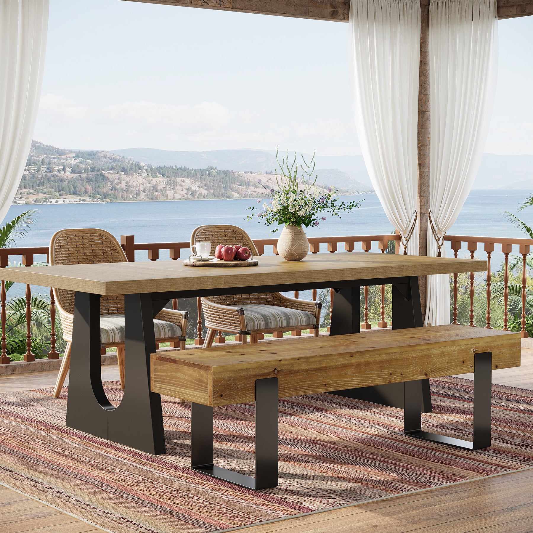 Tribesigns 63-Inch Solid Wood Dining Bench, Farmhouse Kitchen Seat with Metal Legs for Dining Room