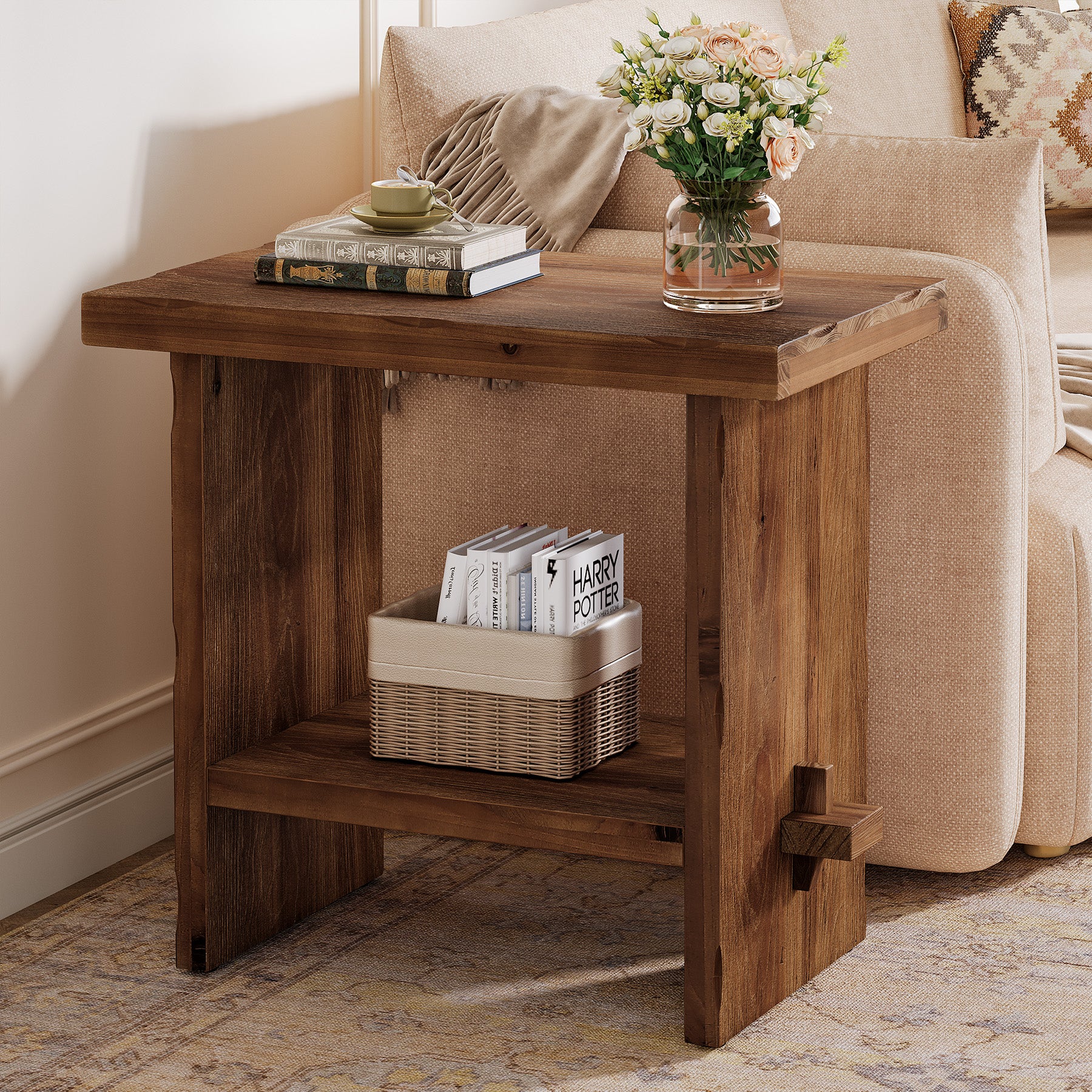 Tribesigns 23.62 Inch Solid Wood Side Table with 2-Tier Storage, Farmhouse End Table for Bedroom