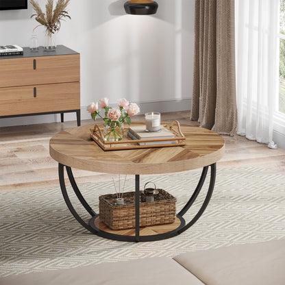 Round Wooden Coffee Table with 2-Tier Shelves