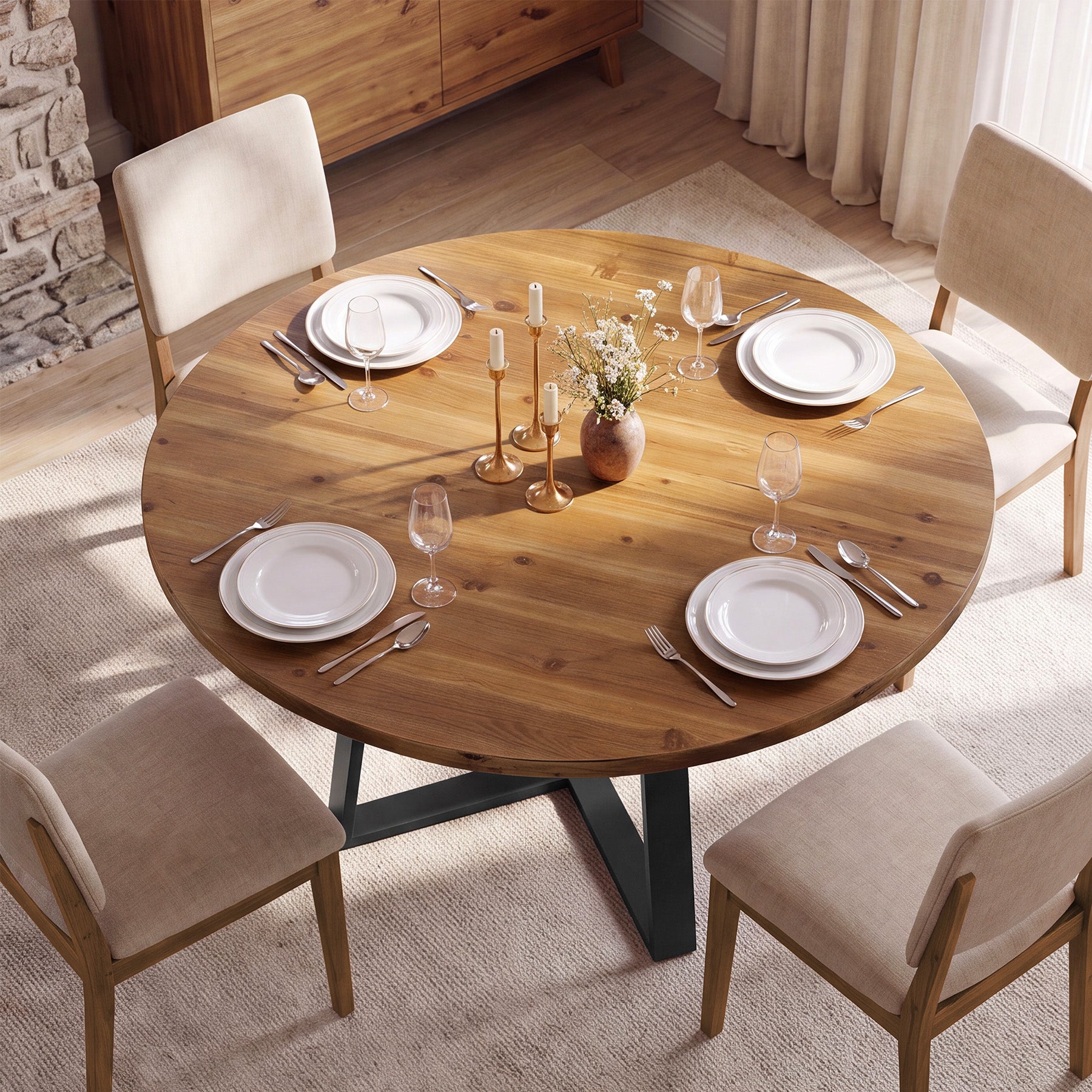Tribesigns 47-Inch Solid Wood Round Dining Table, 4-6 Person Table with Black Metal Base