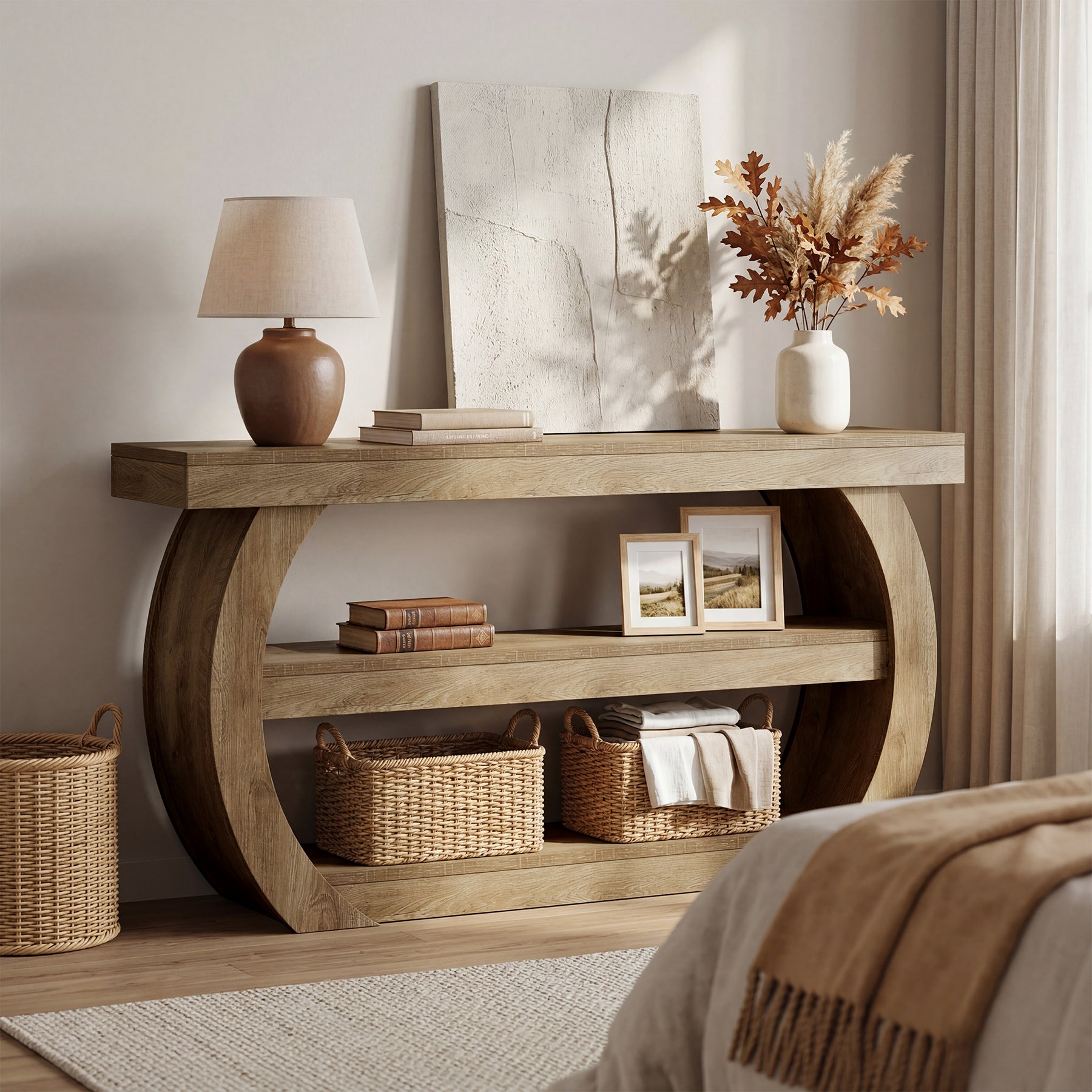63" Farmhouse Console Table with 3-Tier Storage, Long Wooden Sofa Table for Entryway and Living Room