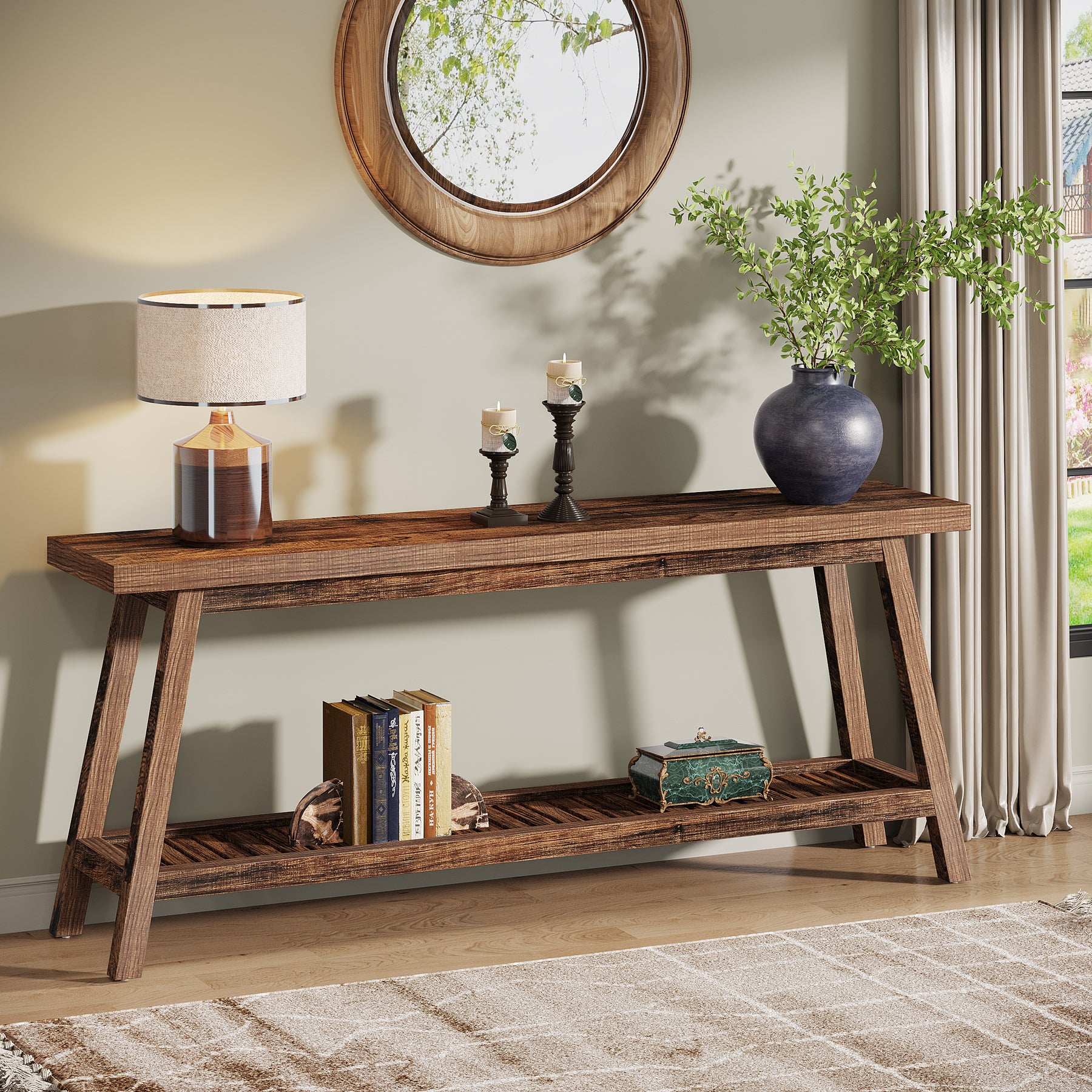 Farmhouse Console Table, 70.9" Entryway Table 2-Tier Sofa Table