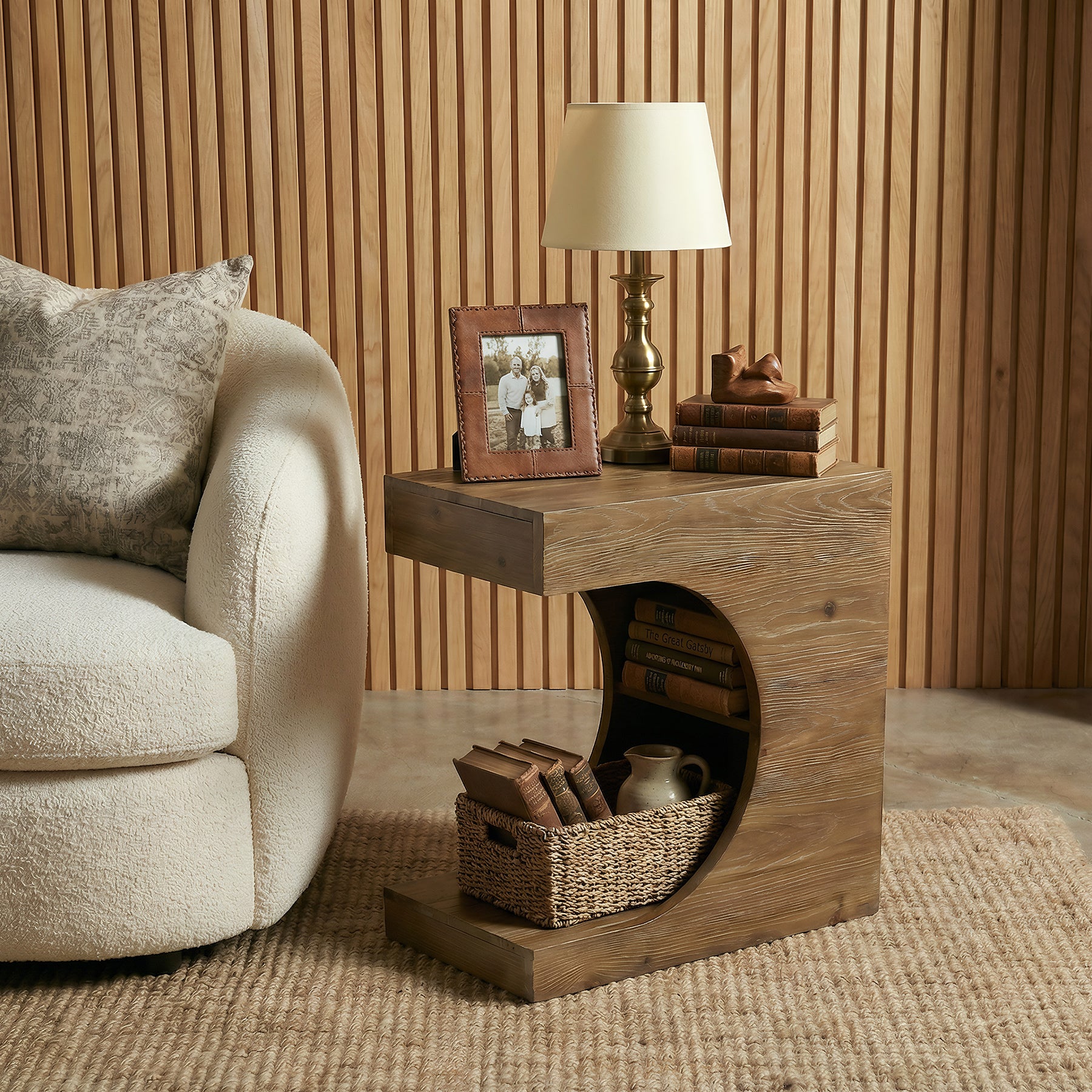 Tribesigns 11.8-Inch Wide Solid Wood C-Shaped Side Table with 2-Tier Storage Shelf
