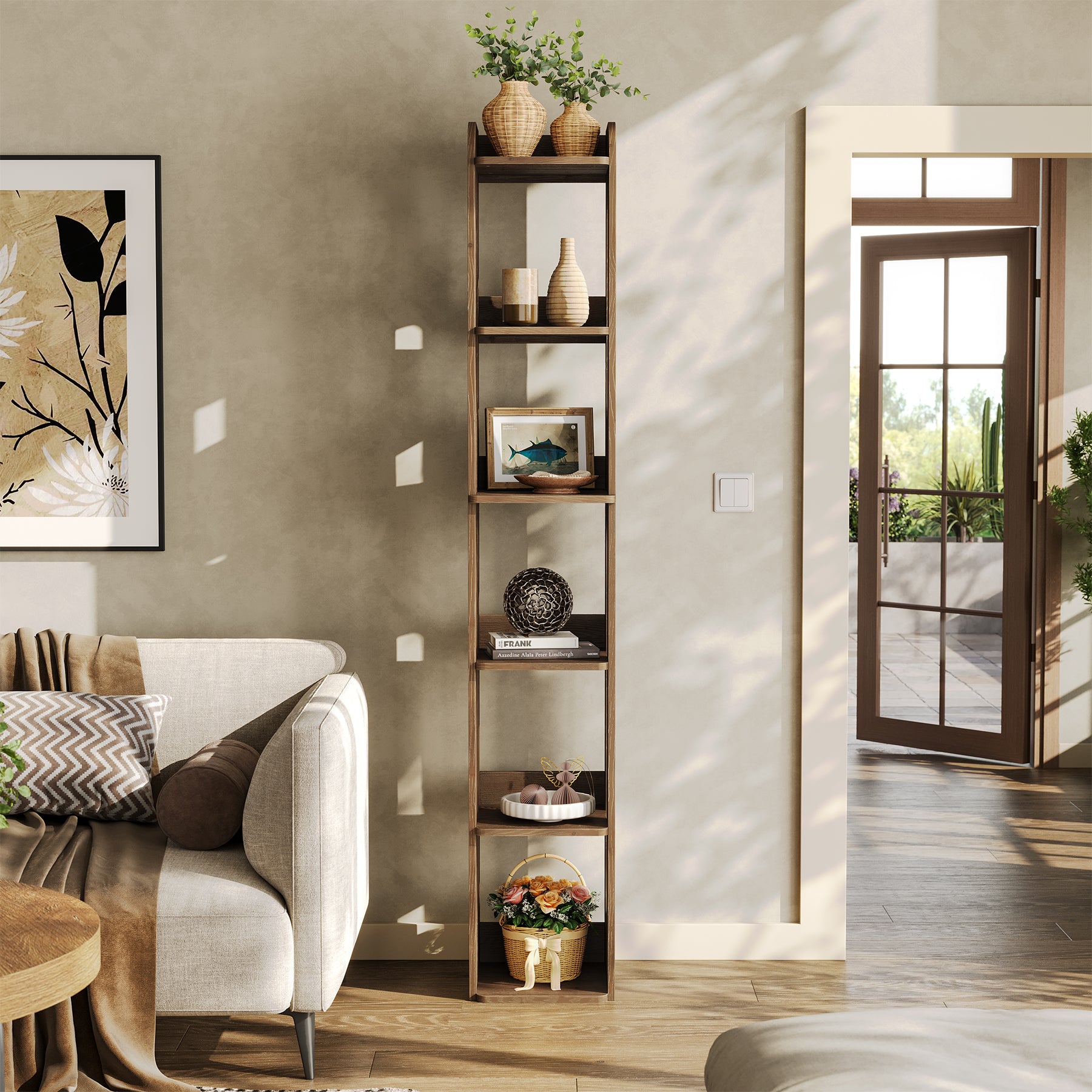 70.87-Inch Solid Wood Bookshelf with 6 Tiers, A Tall Narrow Open Bookcase for Living Room and Home Office