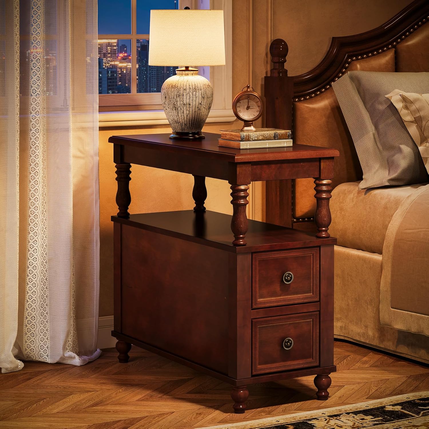 MidCentury 2-Drawer Nightstand - Solid Wood Bedside Table with Open Shelf, Dark Cherry