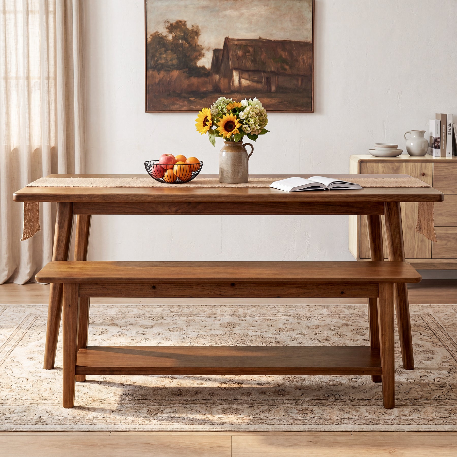Tribesigns 55-Inch Farmhouse Bench with Storage Shelf, Wooden Dining Seating for Kitchen Dining Room and Patio