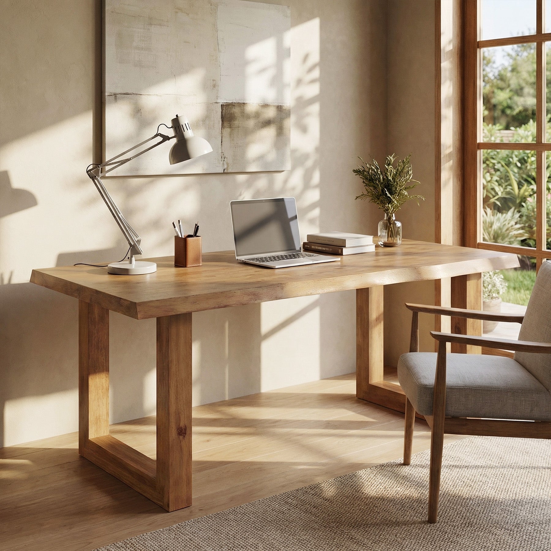 63-Inch Solid Wood Computer Desk with Live Edge Top, Rectangular Executive Desk for Home Office