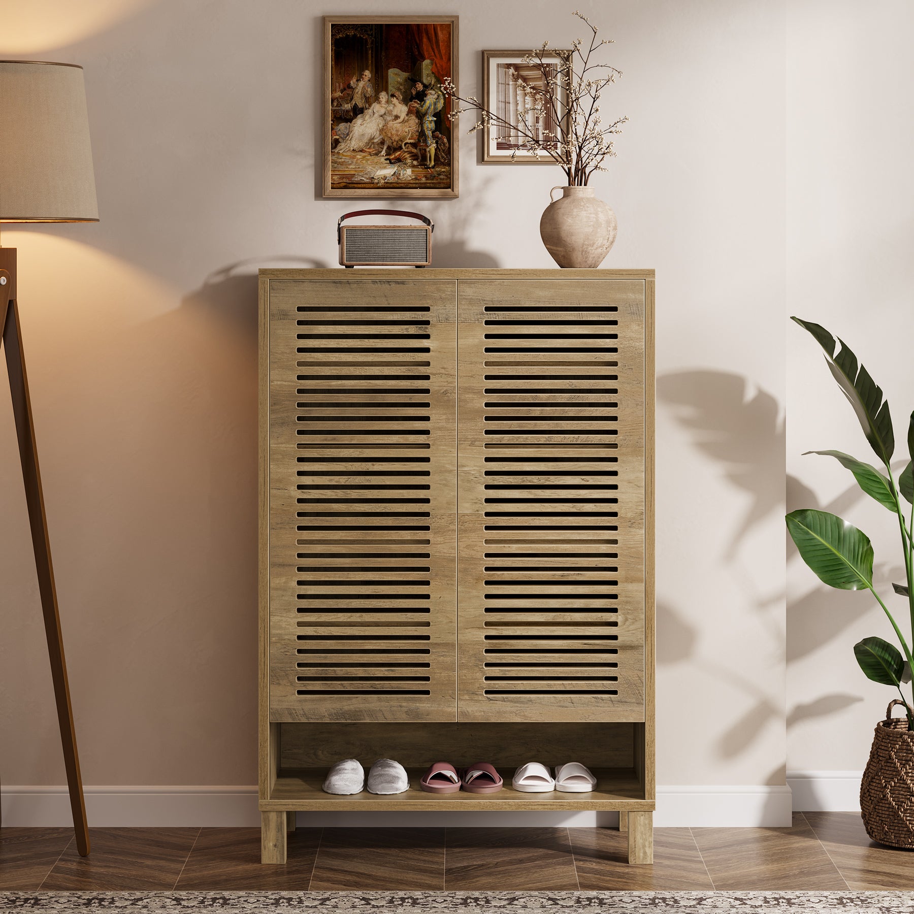 Free-Standing Shoe Cabinet, Narrow Farmhouse Wooden Organizer with 6 Shelves