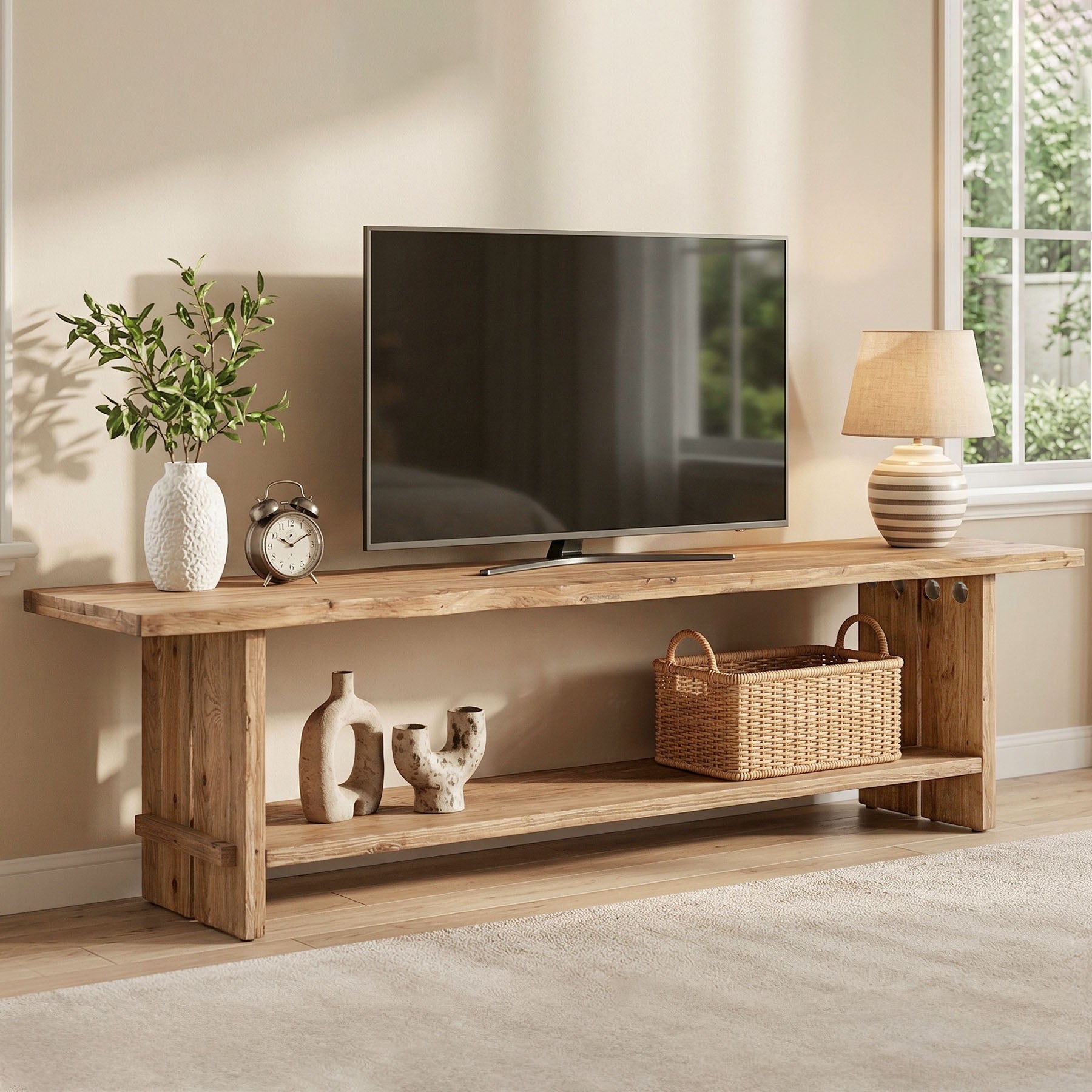 Tribesigns 71 Inch Solid Wood TV Stand with 2-Tier Storage, Media Console for 55 to 85 Inch TVs