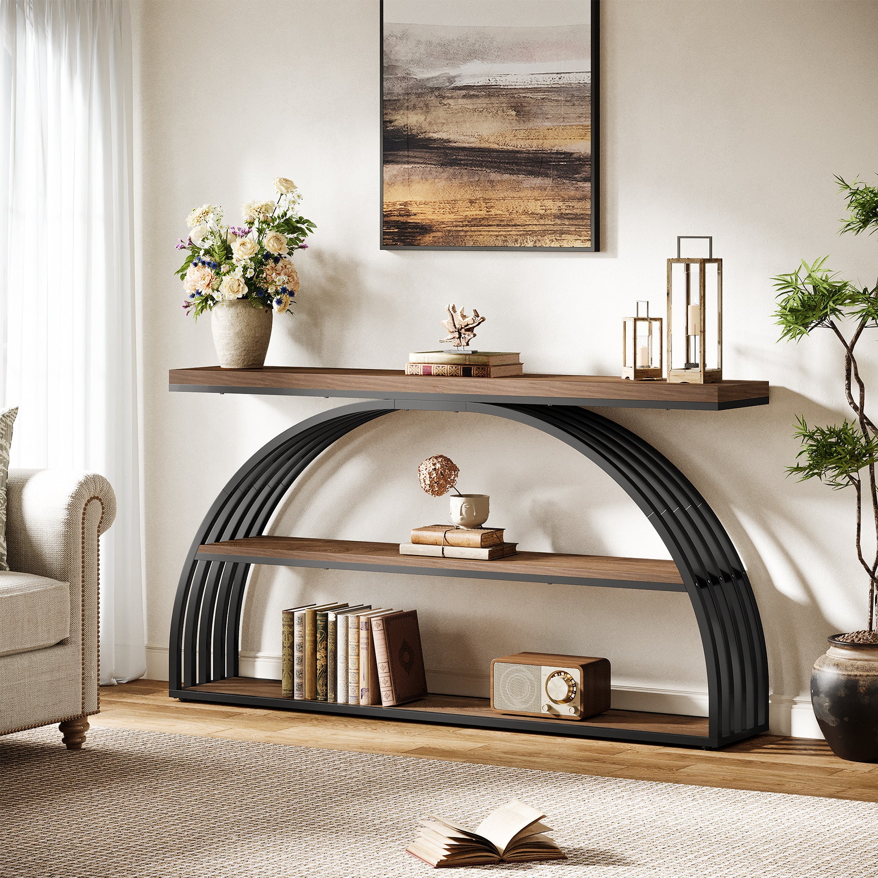 Tribesigns 63-Inch Console Table with 3-Tier Storage Shelves, Arched Frame Sofa Table for Living Room