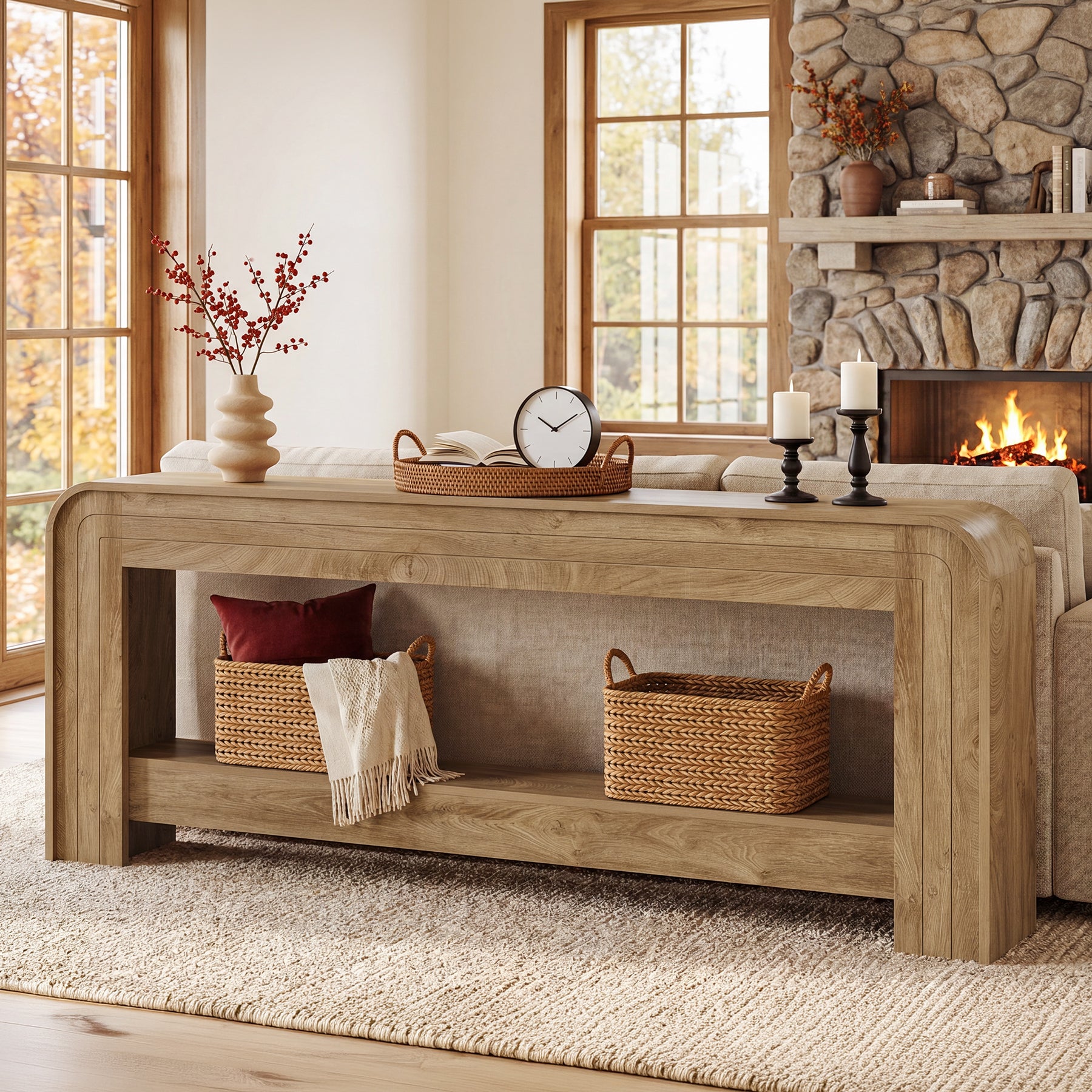 78.74 Inch Farmhouse Console Table with Open Storage Shelf and Curved Edges, Slim Entryway Sofa Table for Hallway