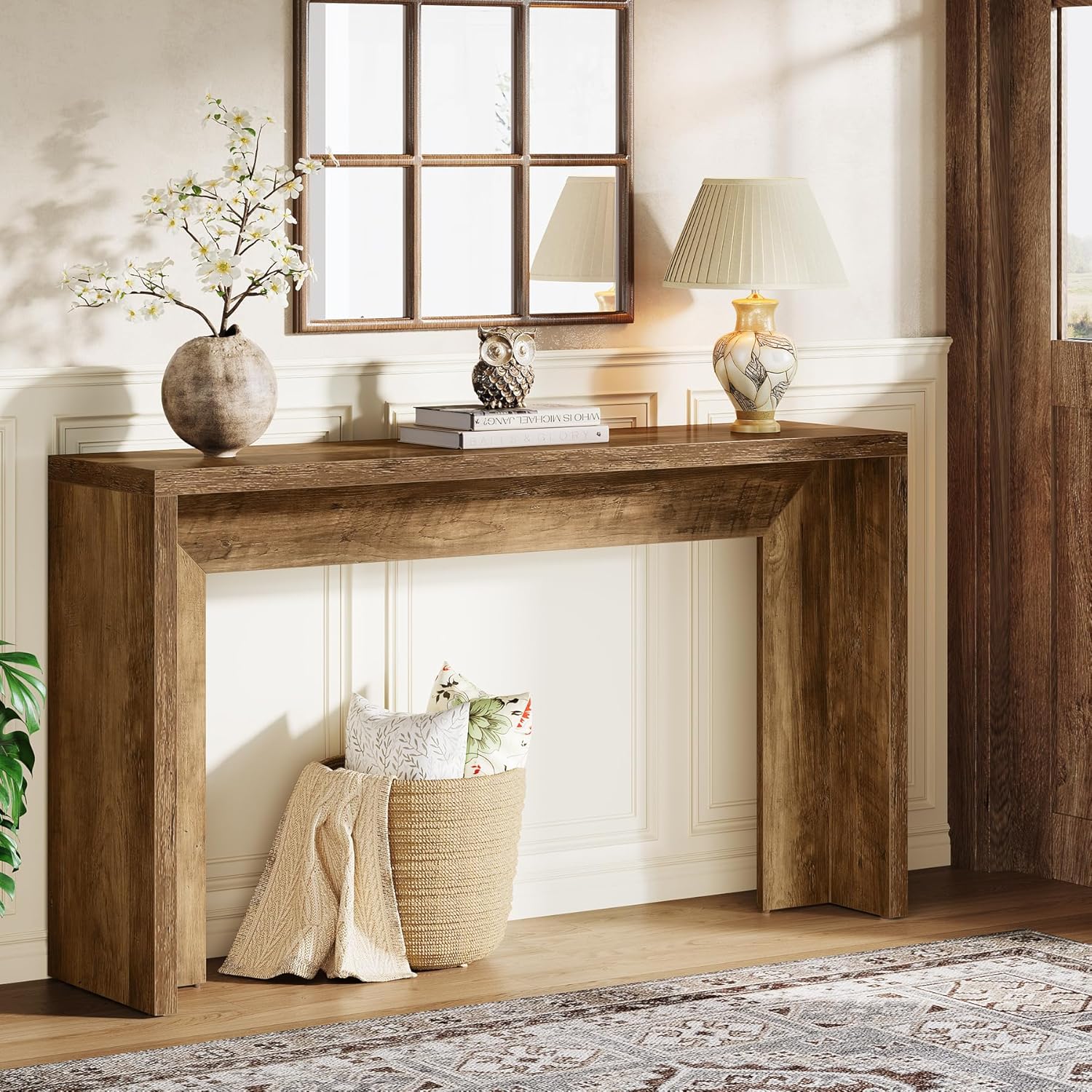 55" Farmhouse Console Table with Storage - Rustic Sofa Table for Hallway & Living Room