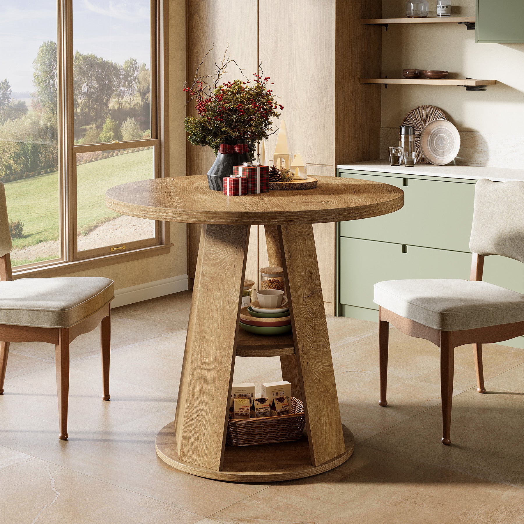 Tribesigns 31.5-Inch Round Dining Table for 2-4, Space-Saving Farmhouse Kitchen Table with 2-Tier Storage Shelf for Small Spaces