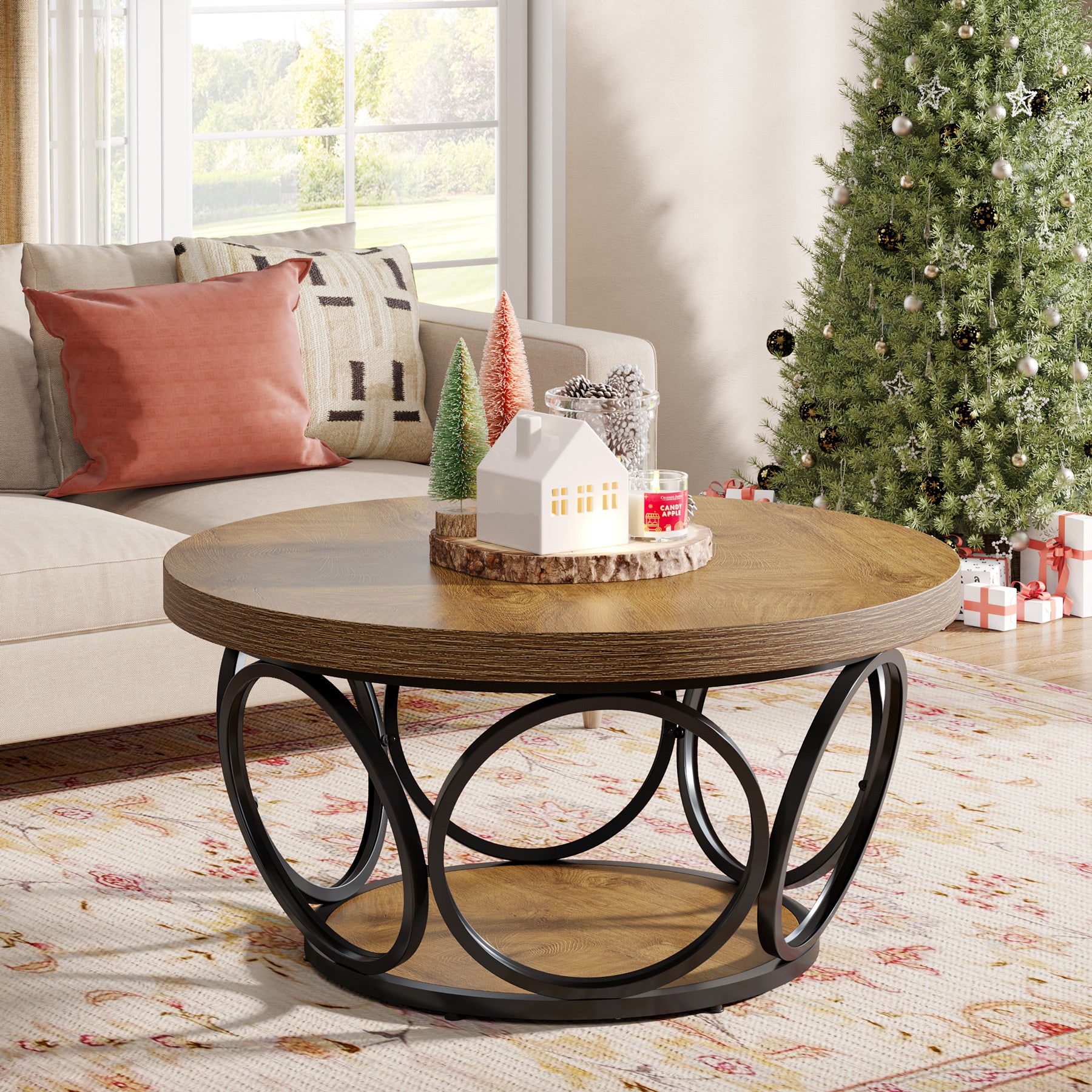 Tribesigns Coffee Table, Round Center Table with 2 Storage Shelves