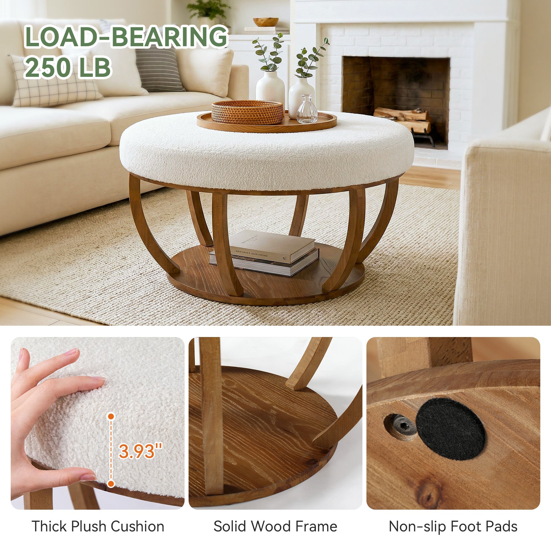 31.5-Inch Round Ottoman Coffee Table, Upholstered Storage Footrest Table