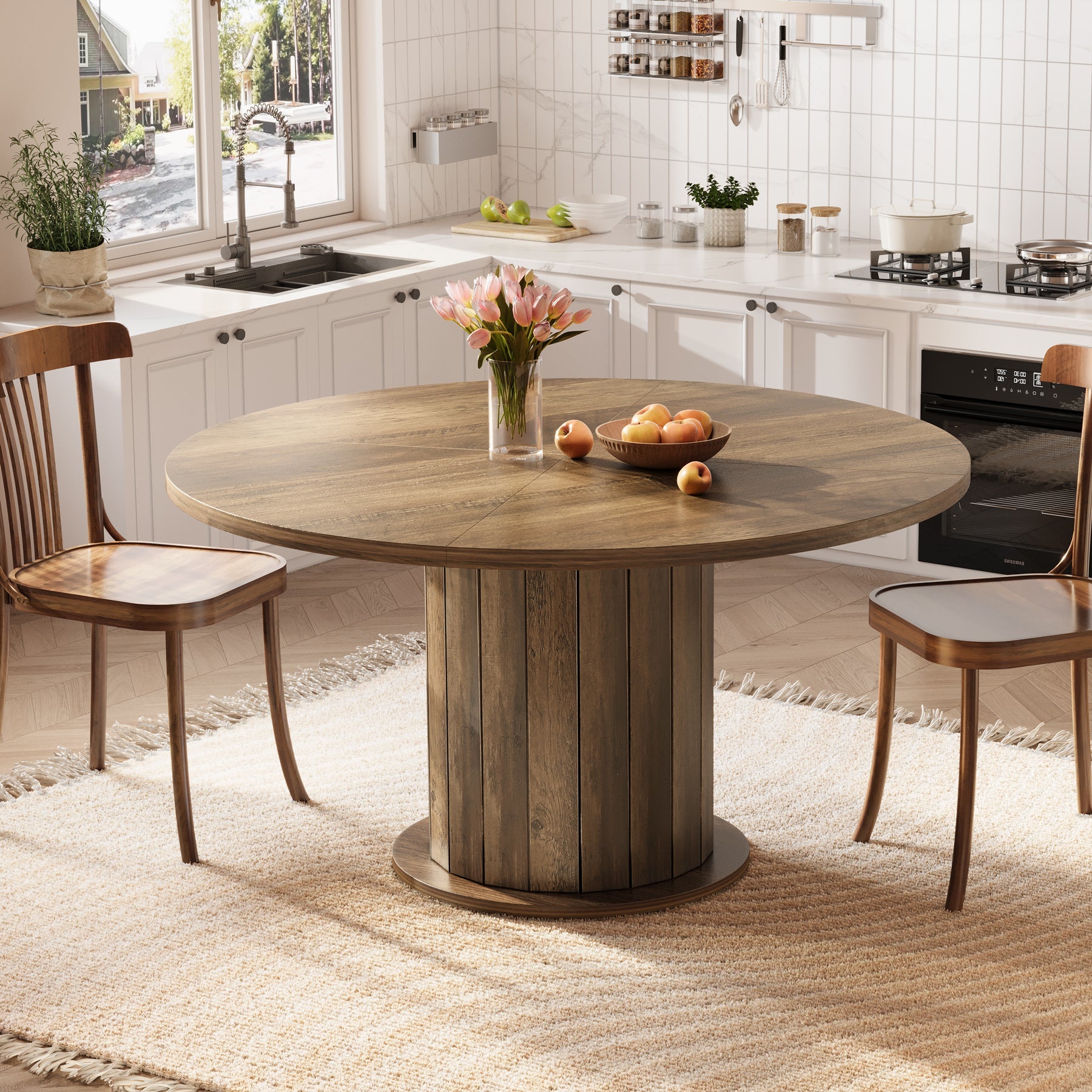47.24-Inch Round Dining Table with Pedestal Base, Farmhouse Kitchen Table for 4 to 6 People