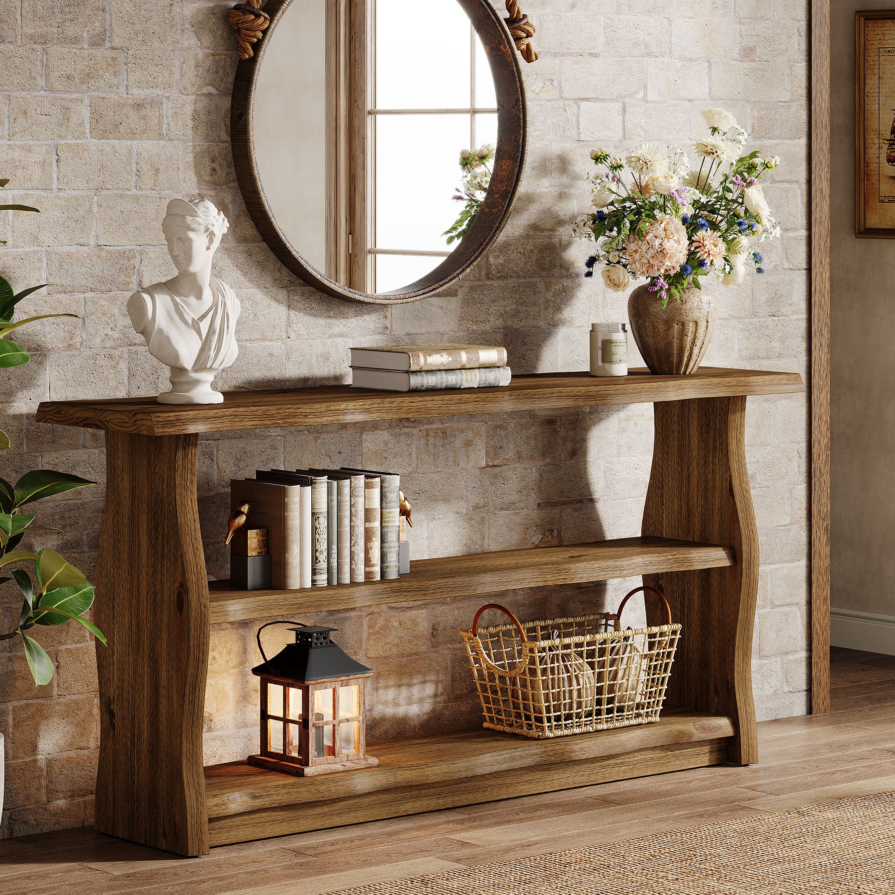 63-Inch Solid Wood Console Table with 3-Tier Open Storage, Rustic Pinewood Entryway Table for Hallway