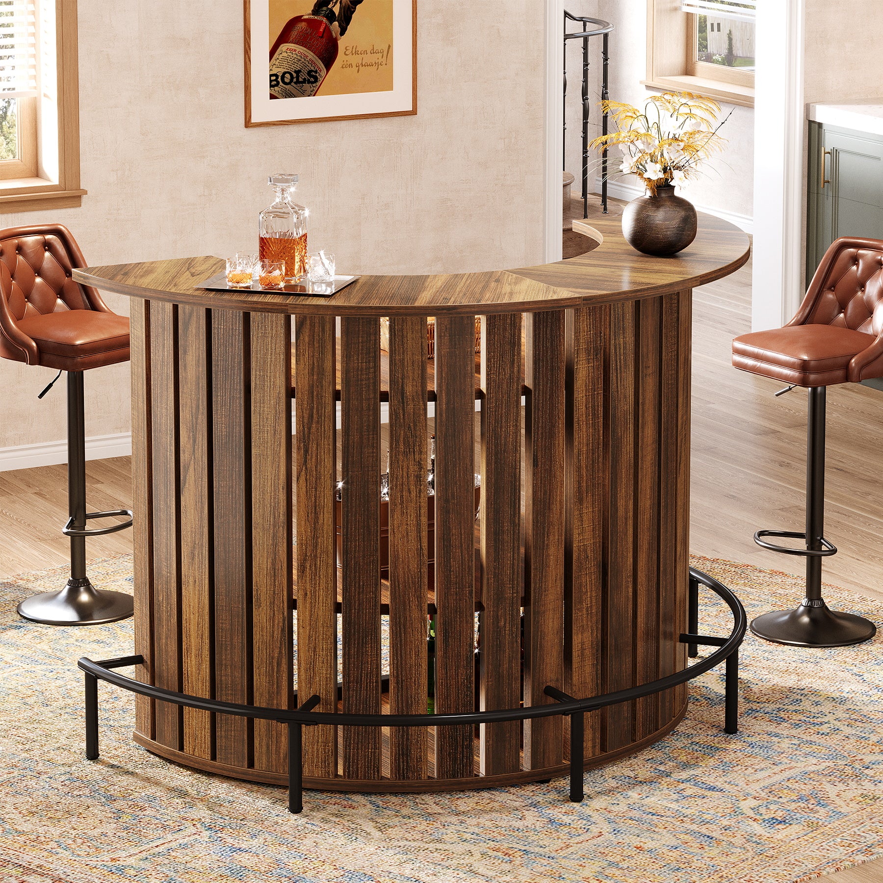 Tribesigns Bar Table with 4-Tier Storage and Footrest, Arc-Shaped Mini Home Bar Unit