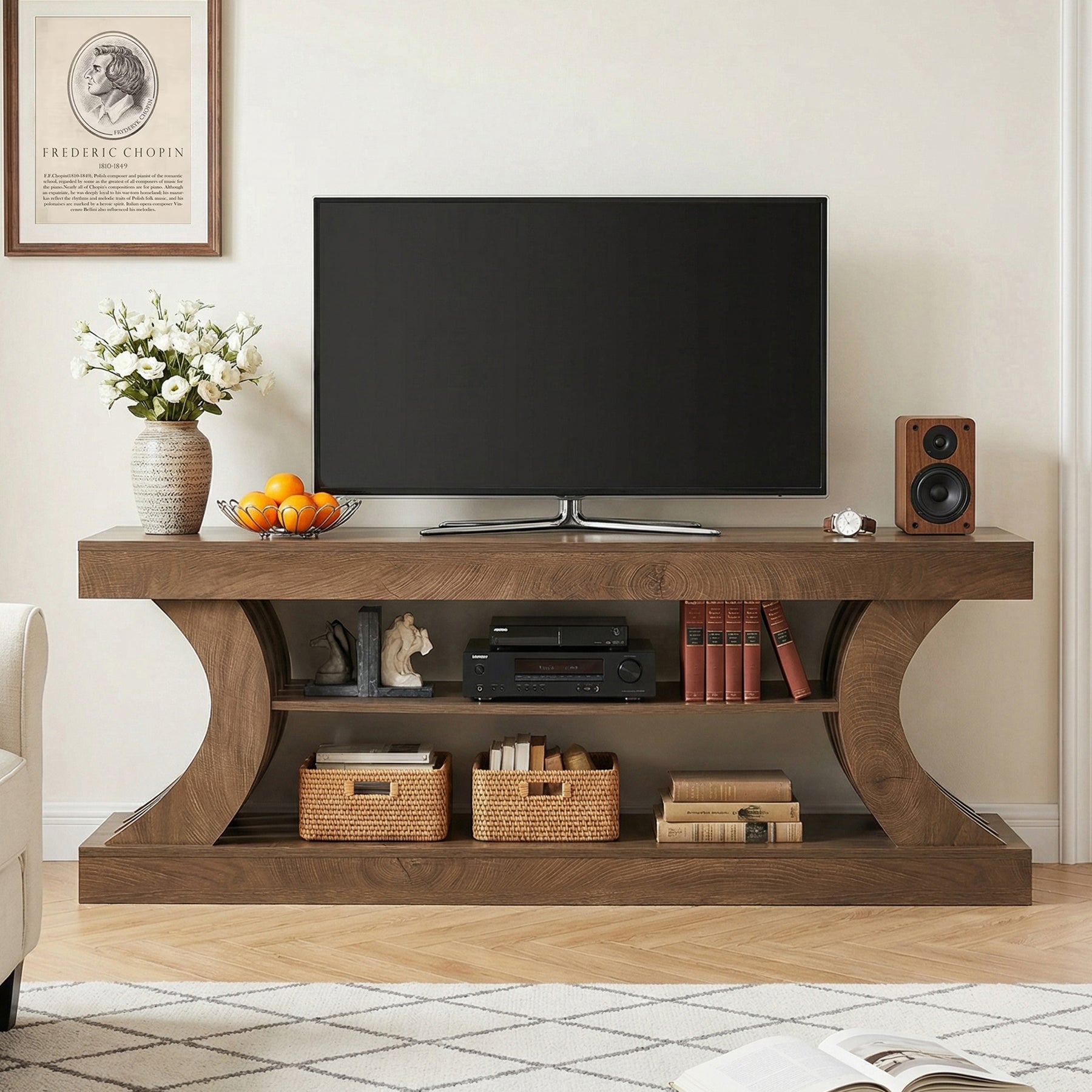 63-Inch Farmhouse TV Stand with 3-Tier Storage, Curved Entertainment Center for Living Room and Bedroom
