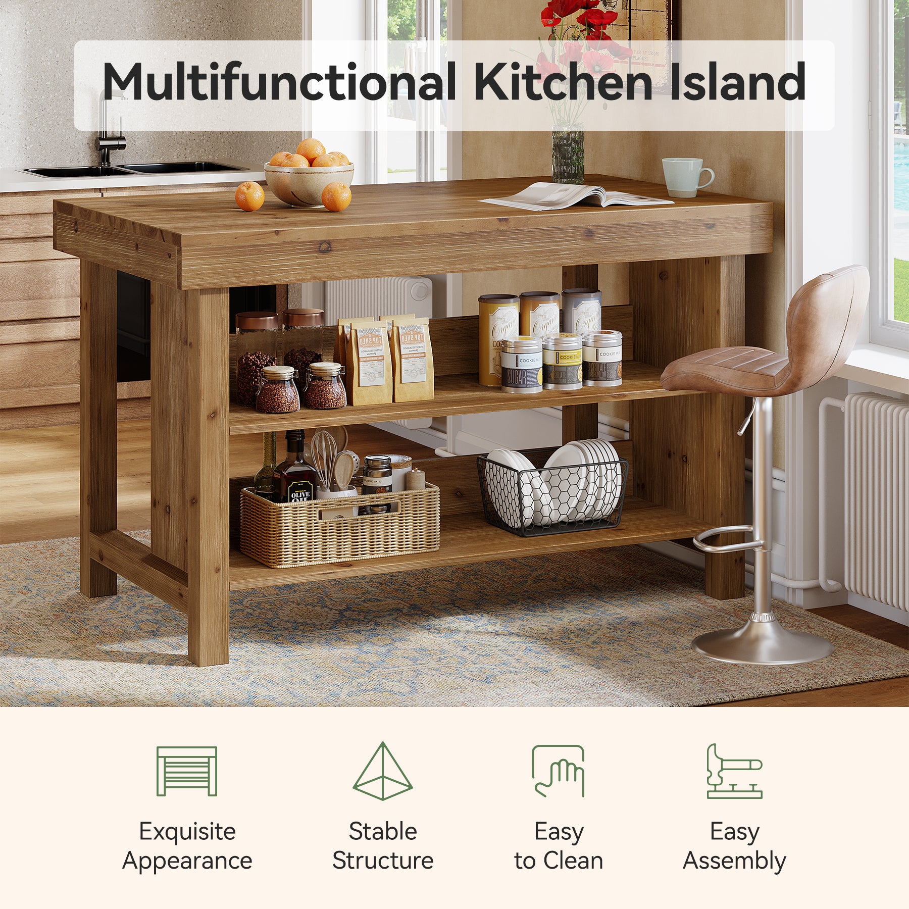 Tribesigns Solid Wood Kitchen Island Table with 2-Tier Open Storage Shelves, Farmhouse Stationary Island Table with Seating for Kitchen and Dining Room